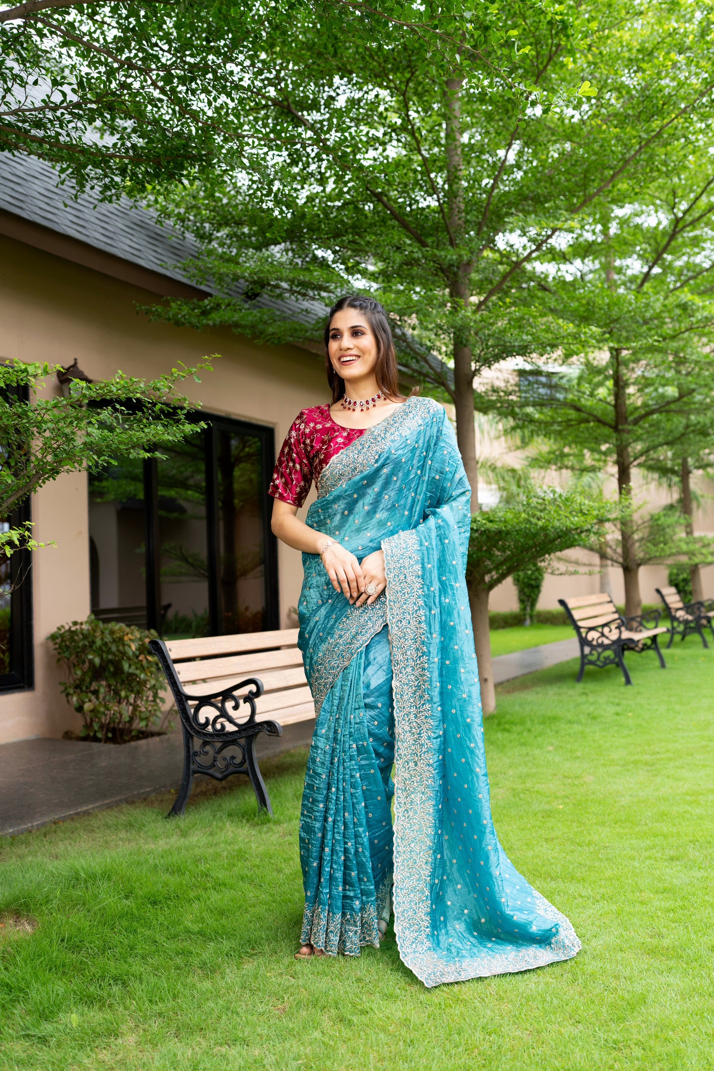 Cyan Blue Tissue Silk Saree with Grape Red Unstitched Blouse, Scallop Border, and Sequin Work full
