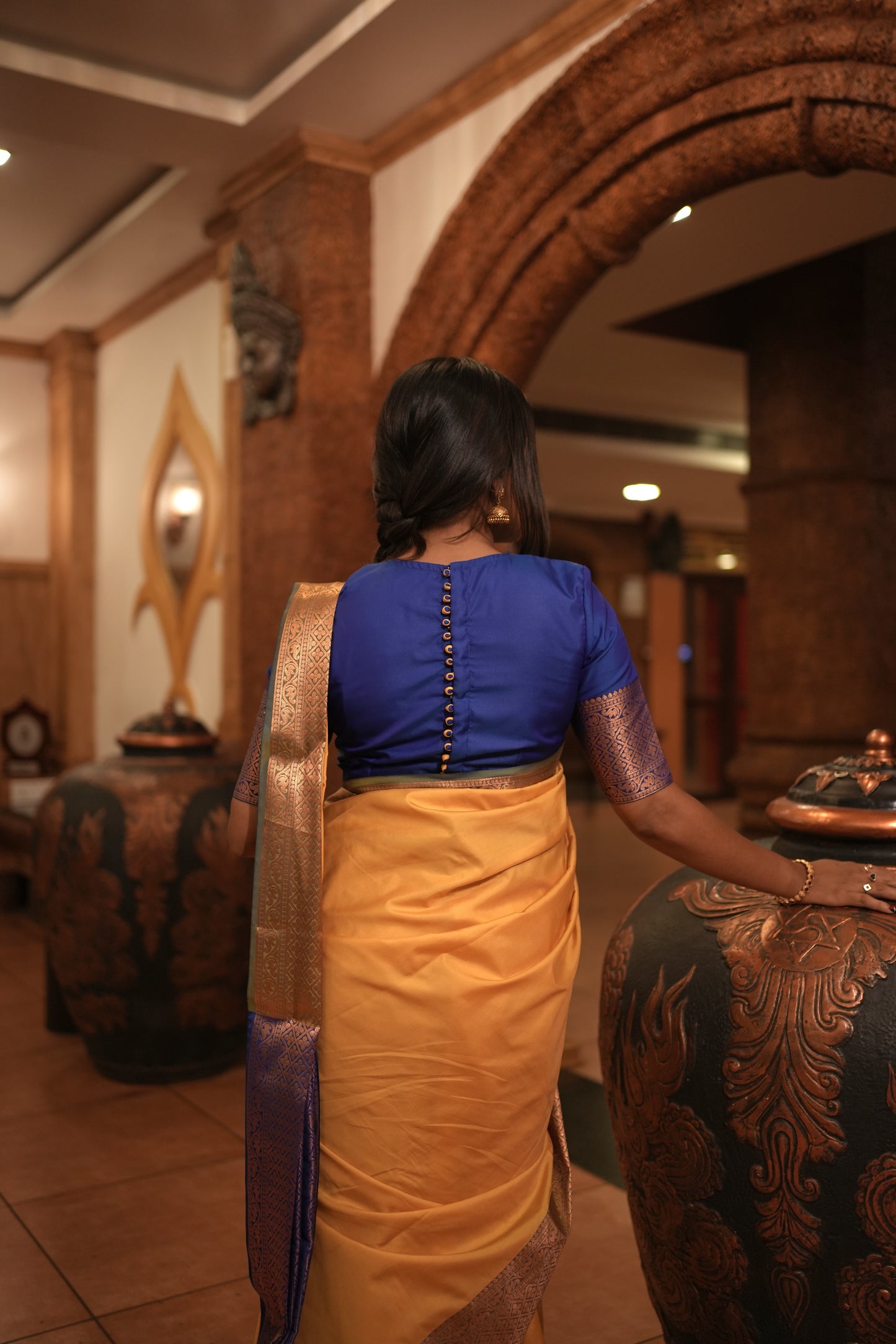 Mango Yellow Body & Royal Blue Pallu Contrast Soft Silk Saree zoomed