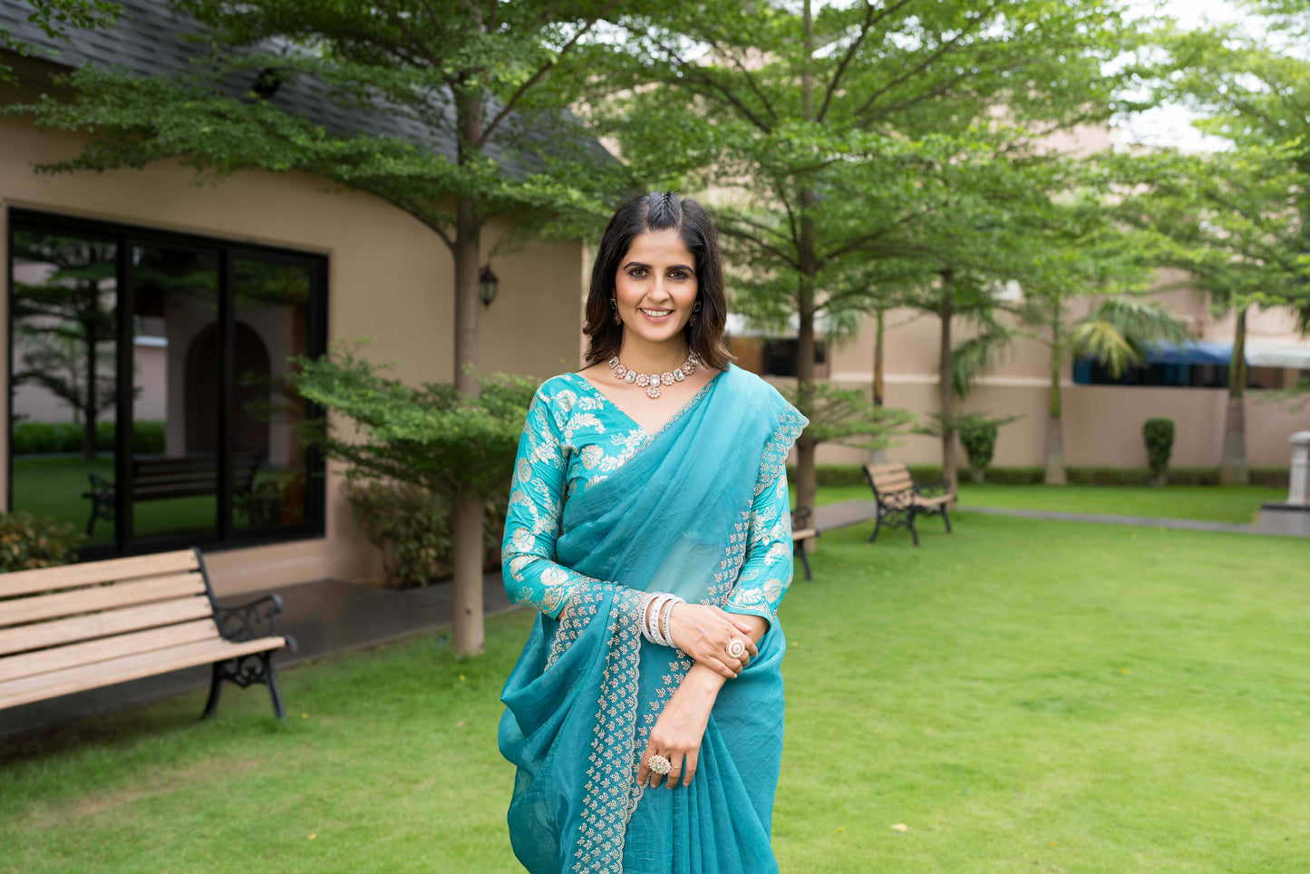 Soft Organza Saree with Banarasi Blouse in Cyan Blue zoomed