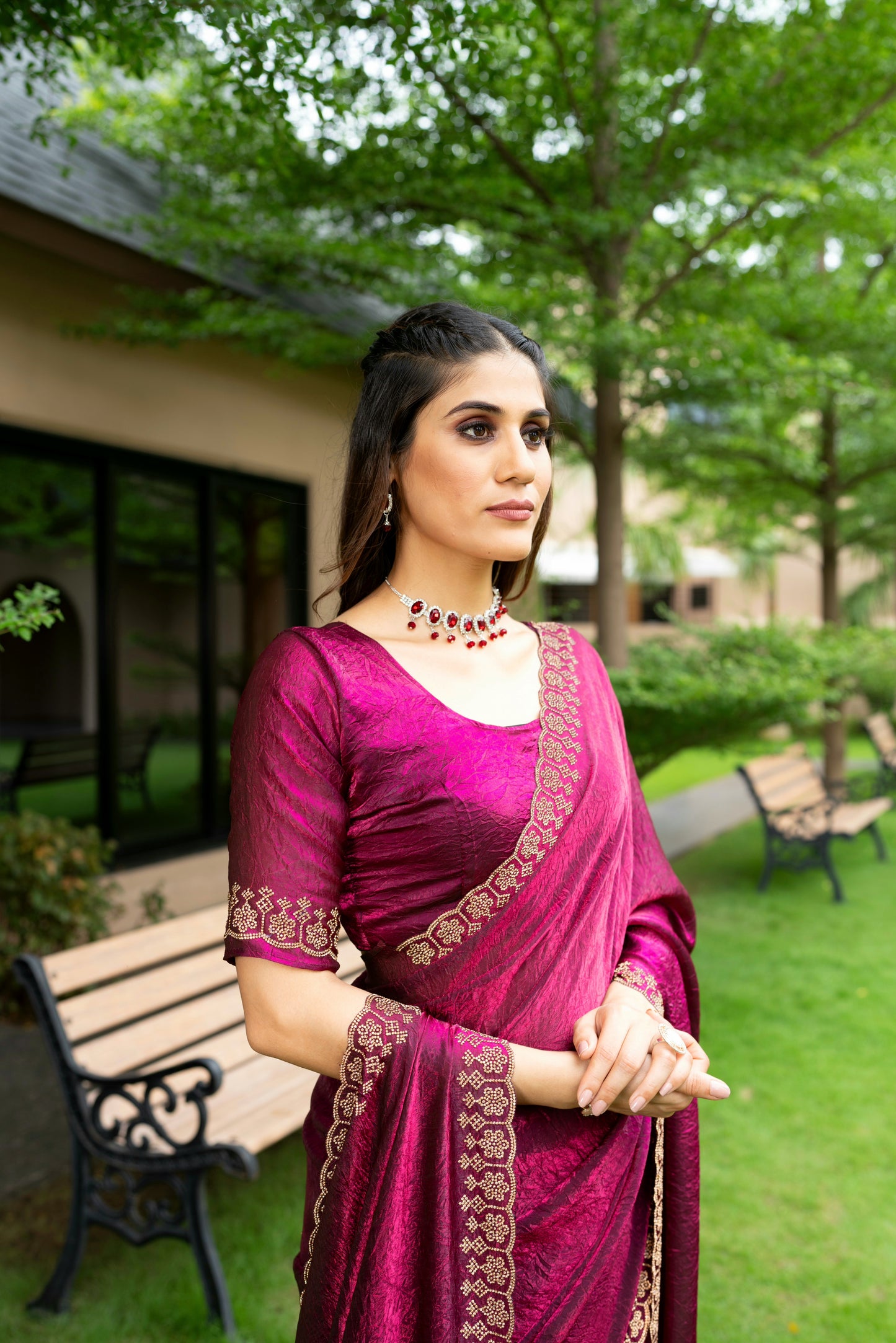 Tissue Embroidered Saree with Unstitched Blouse in Grape Red oomed