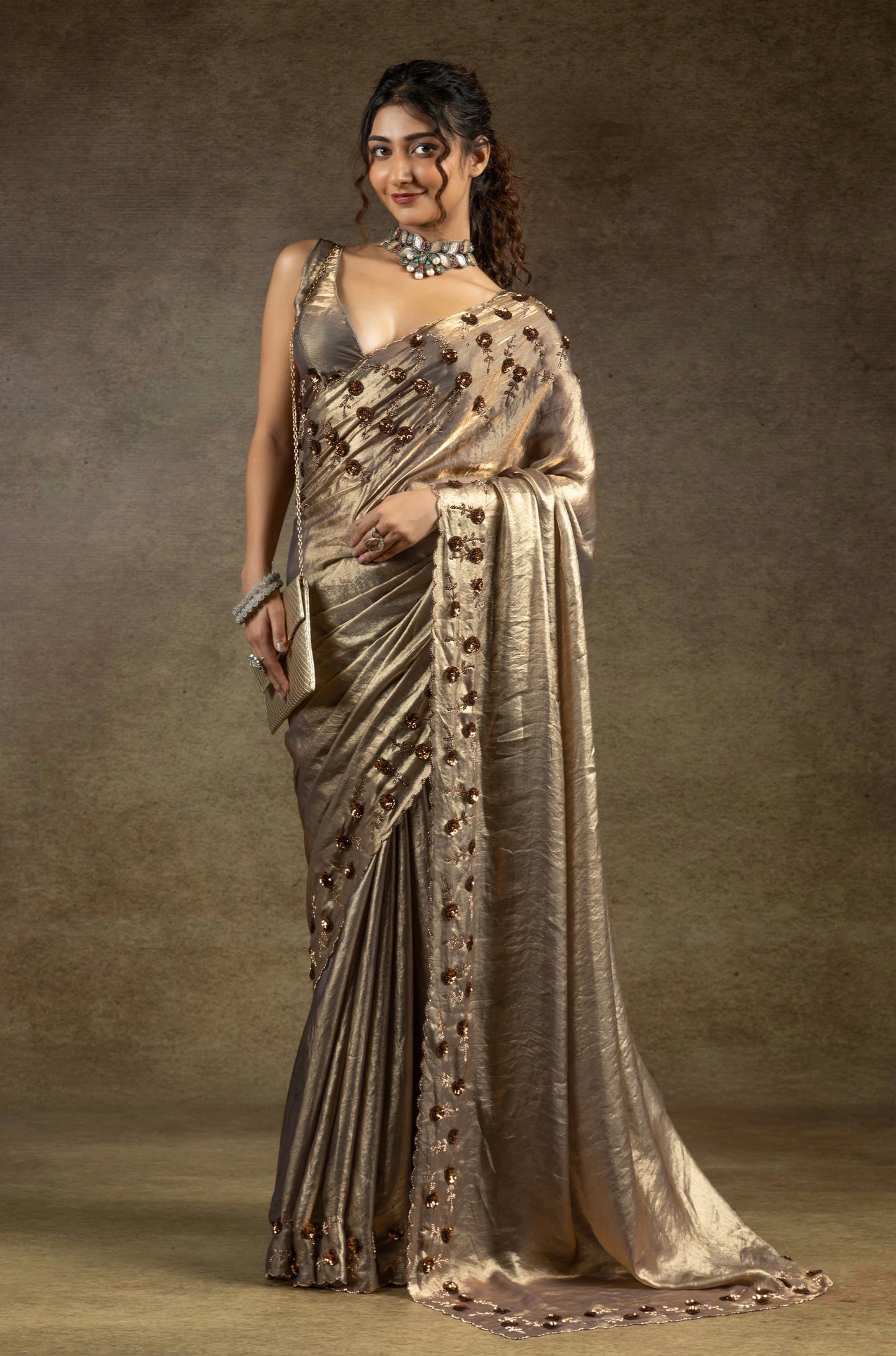 Champagne Satin Fendi Saree with Embroidered Sequence Work