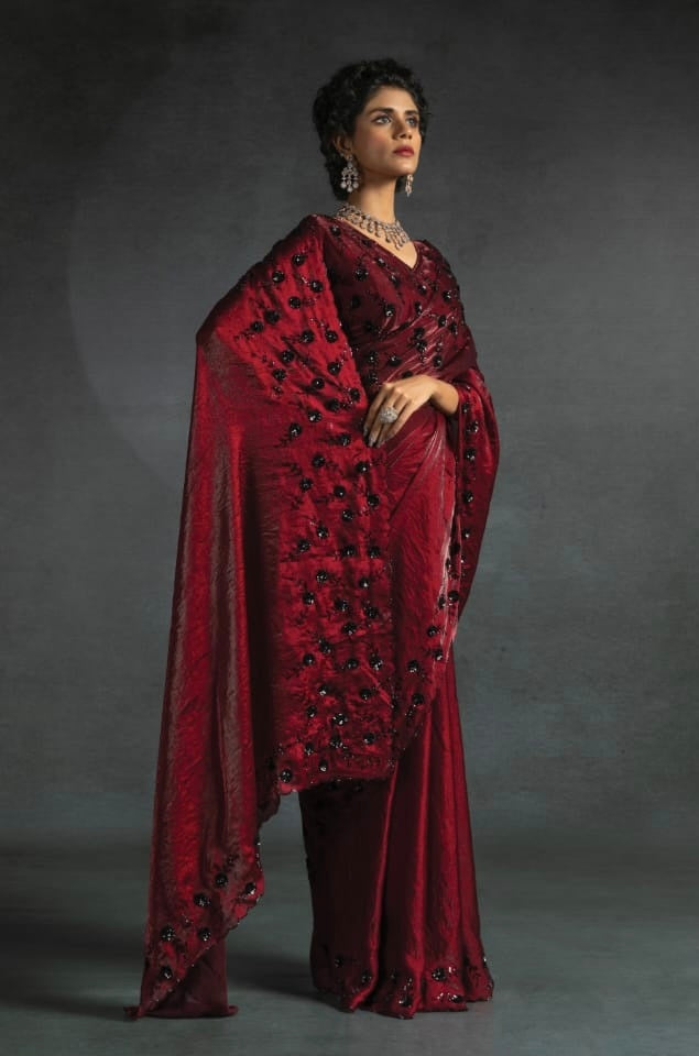 Maroon Satin Fendi Saree with Sequence Work Borders