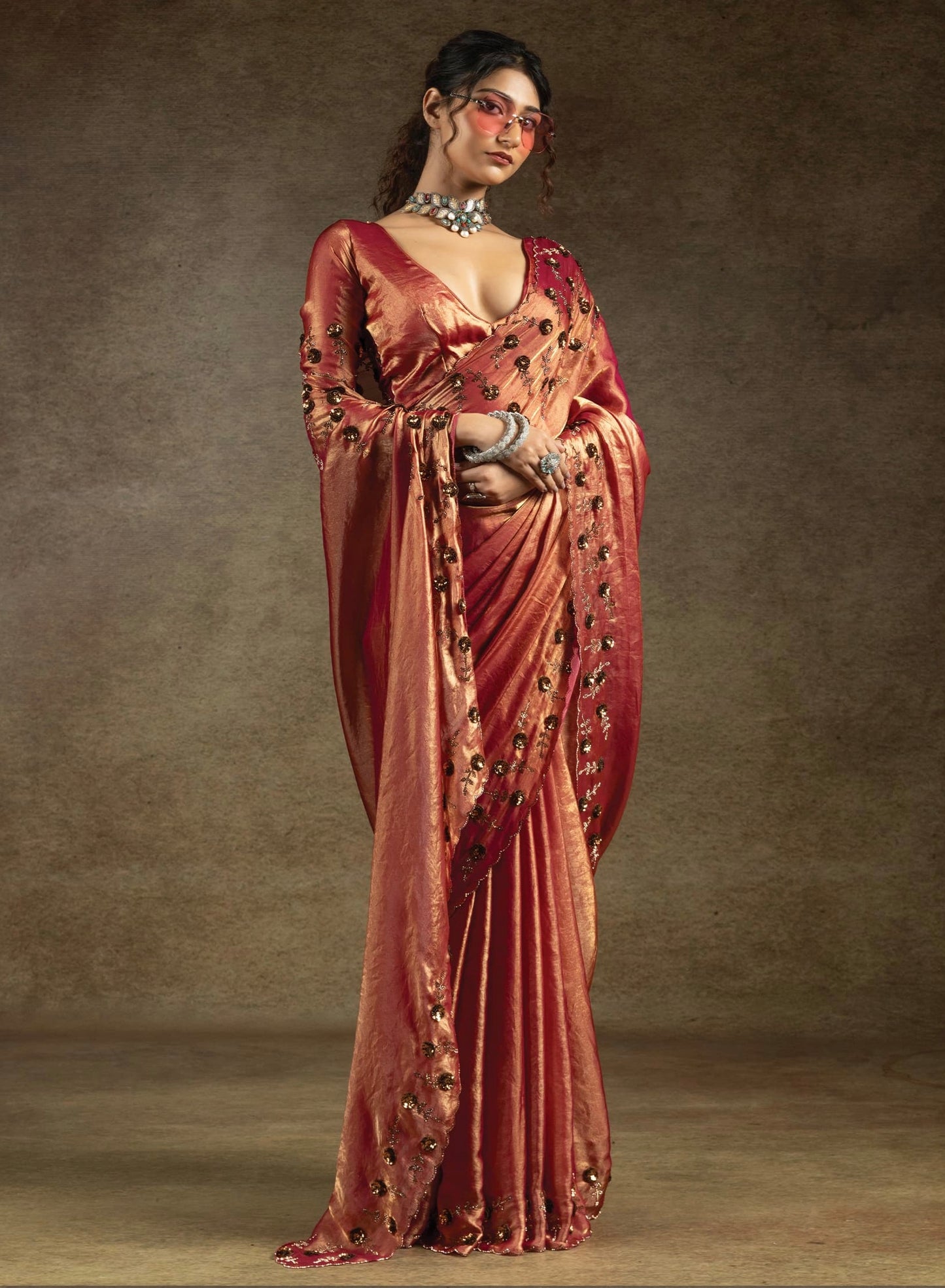 Rose Gold Satin Fendi Saree with Embroidered Sequence Work