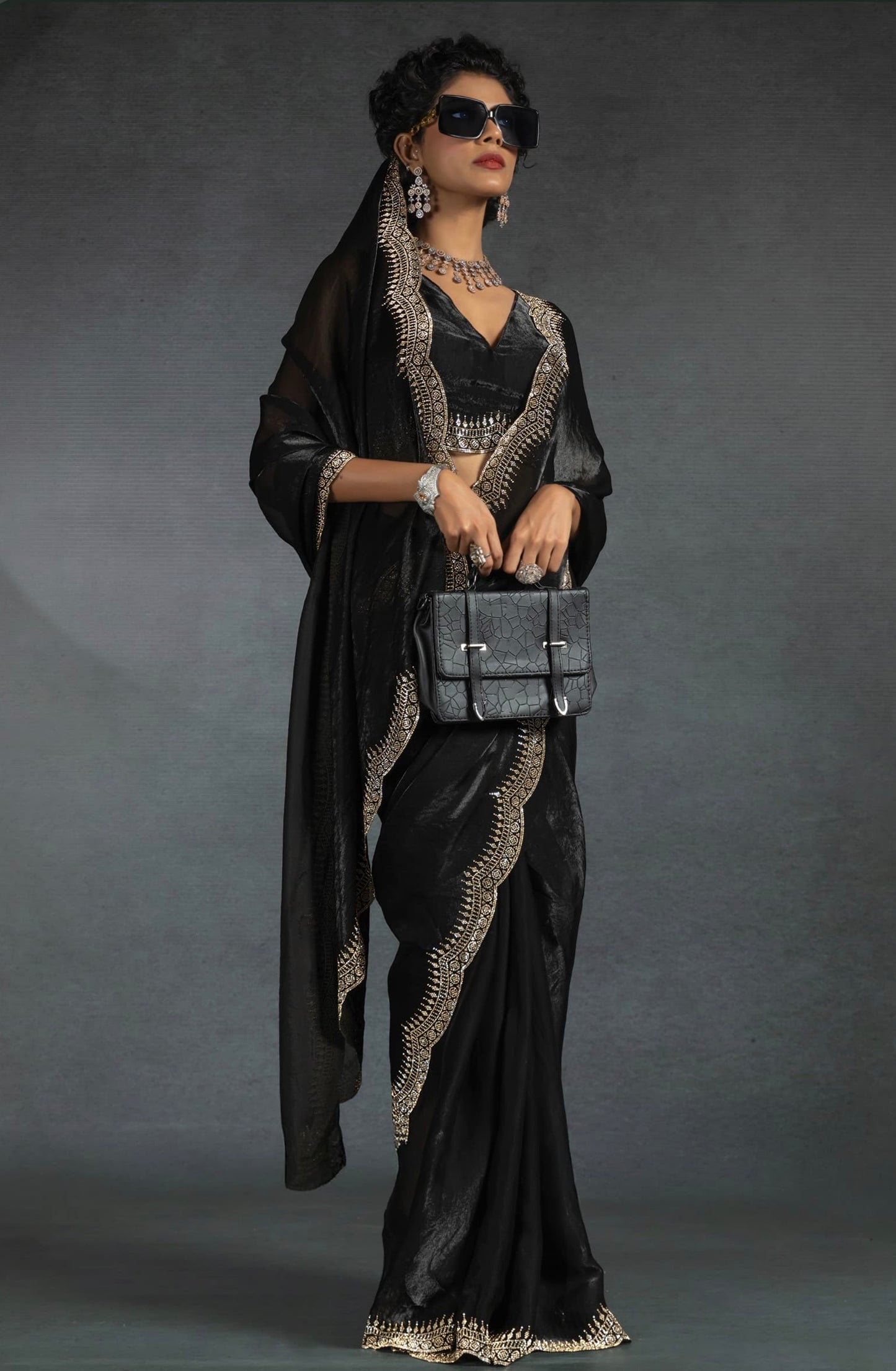 Black Satin Fendi Saree with Stone Handwork