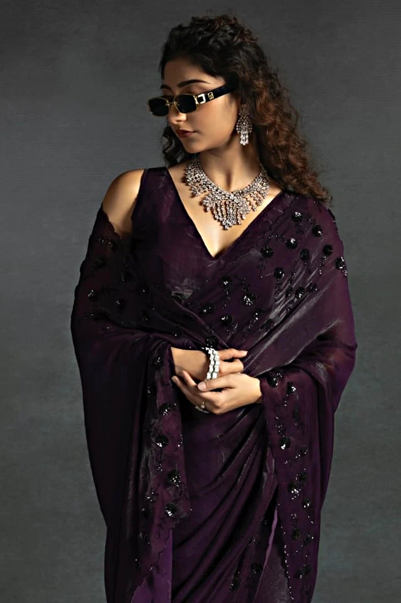 Plum Satin Fendi Saree with Handcrafted Stonework Product