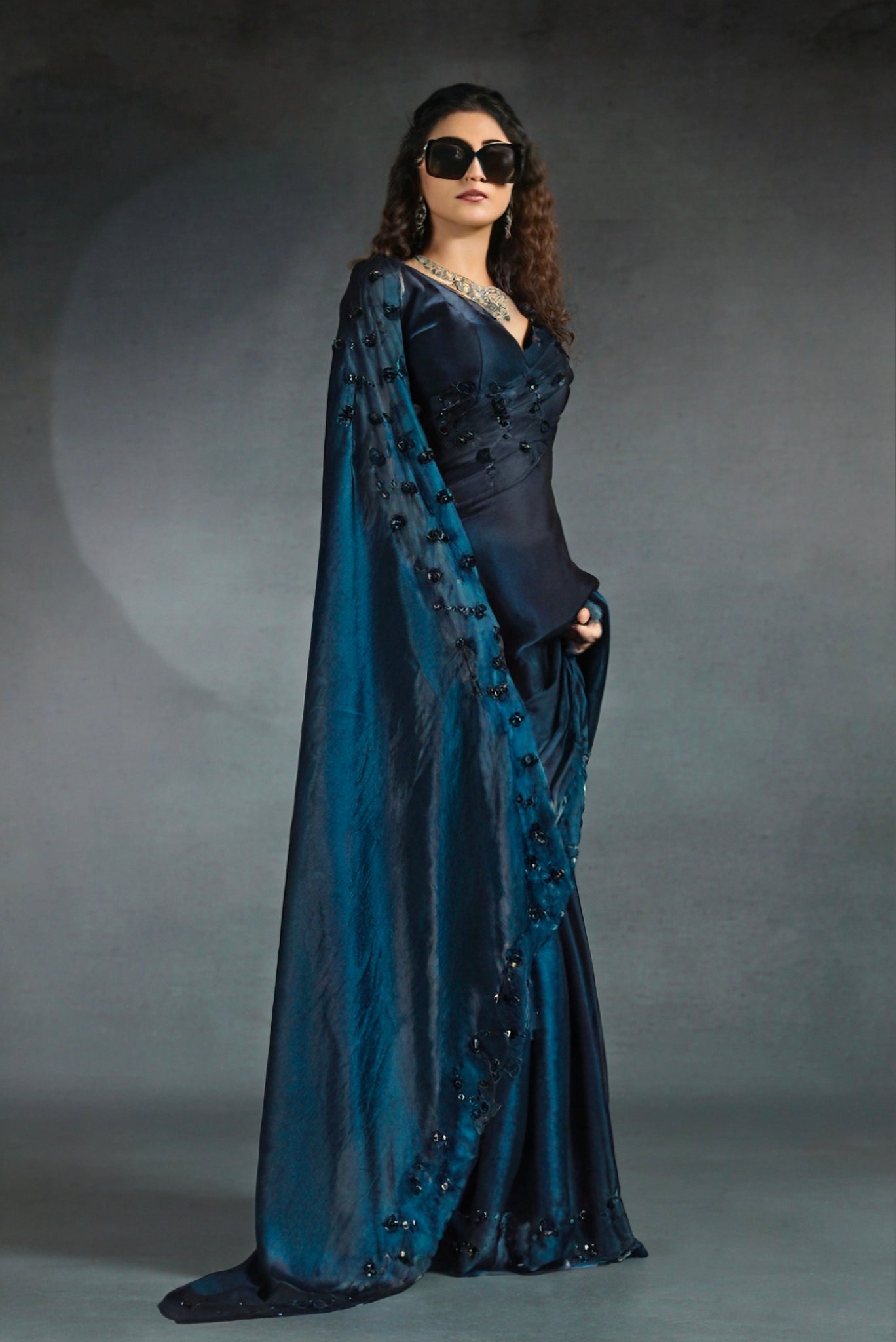 Deep Teal Satin Fendi Saree with Handcrafted Stonework