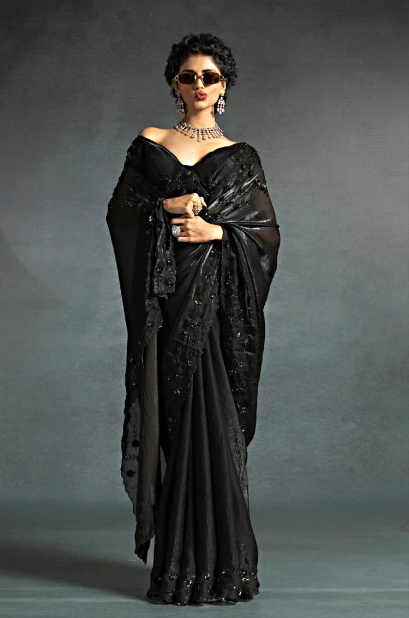 Black Satin Fendi Saree with Sparkling Sequence Work