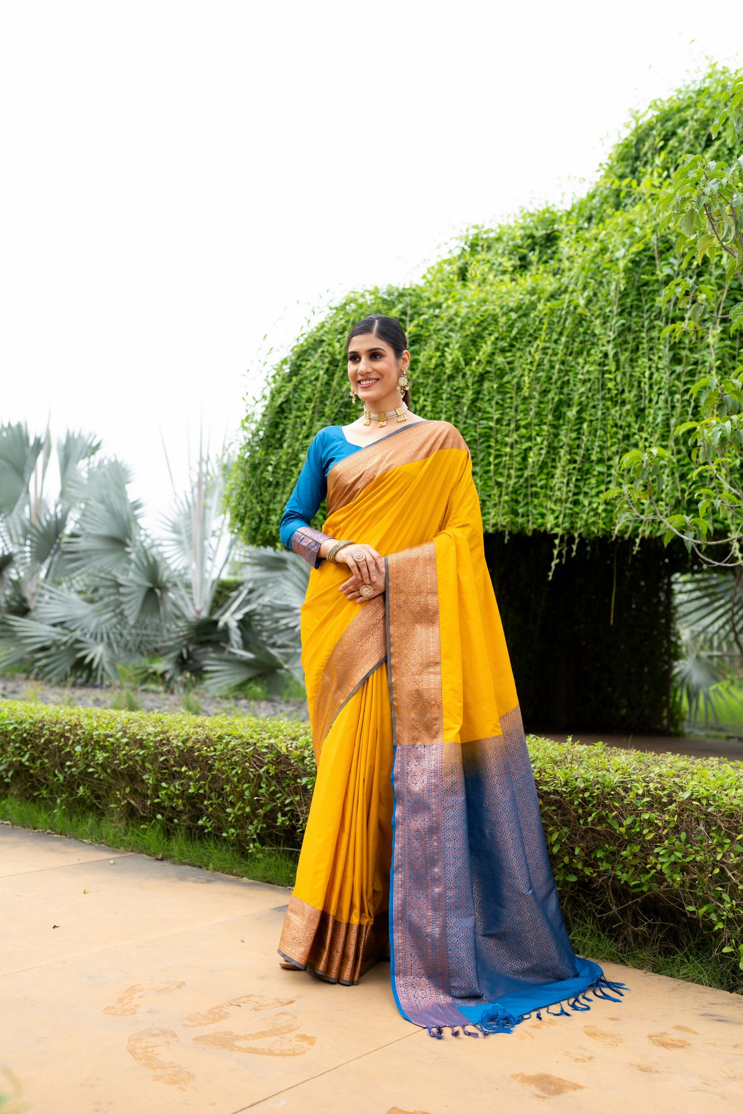 Banarasi Jacquard Saree in Yellow and Blue