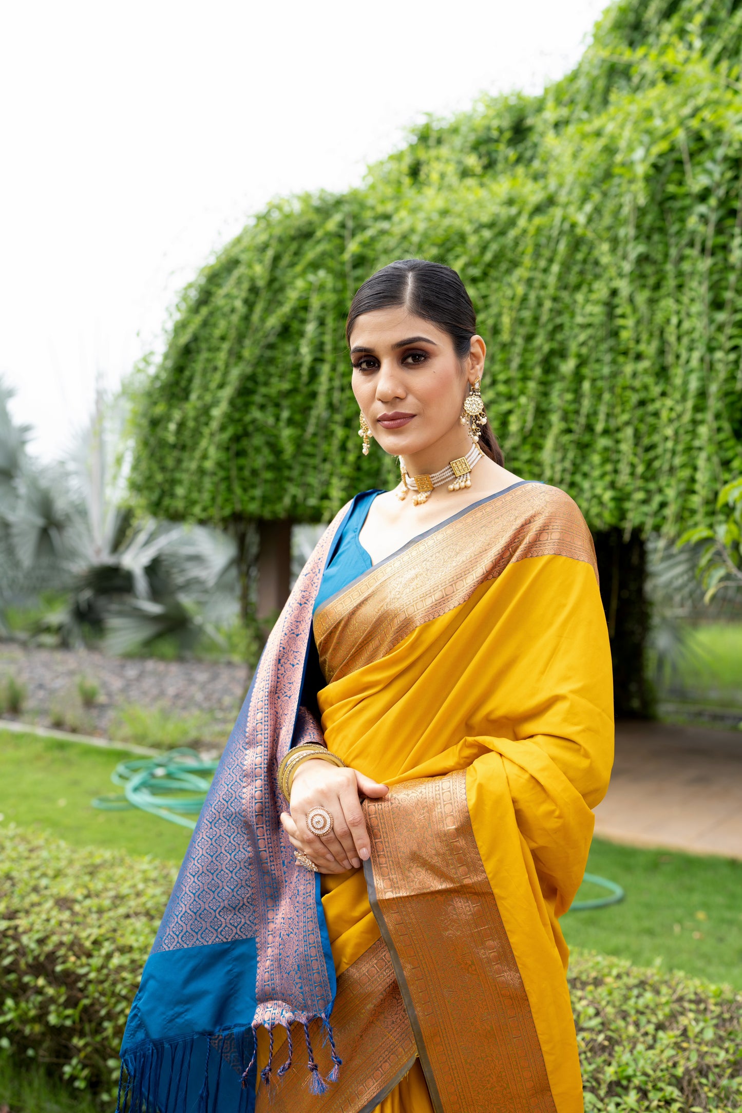 Banarasi Jacquard Saree in Yellow and Blue zoomed