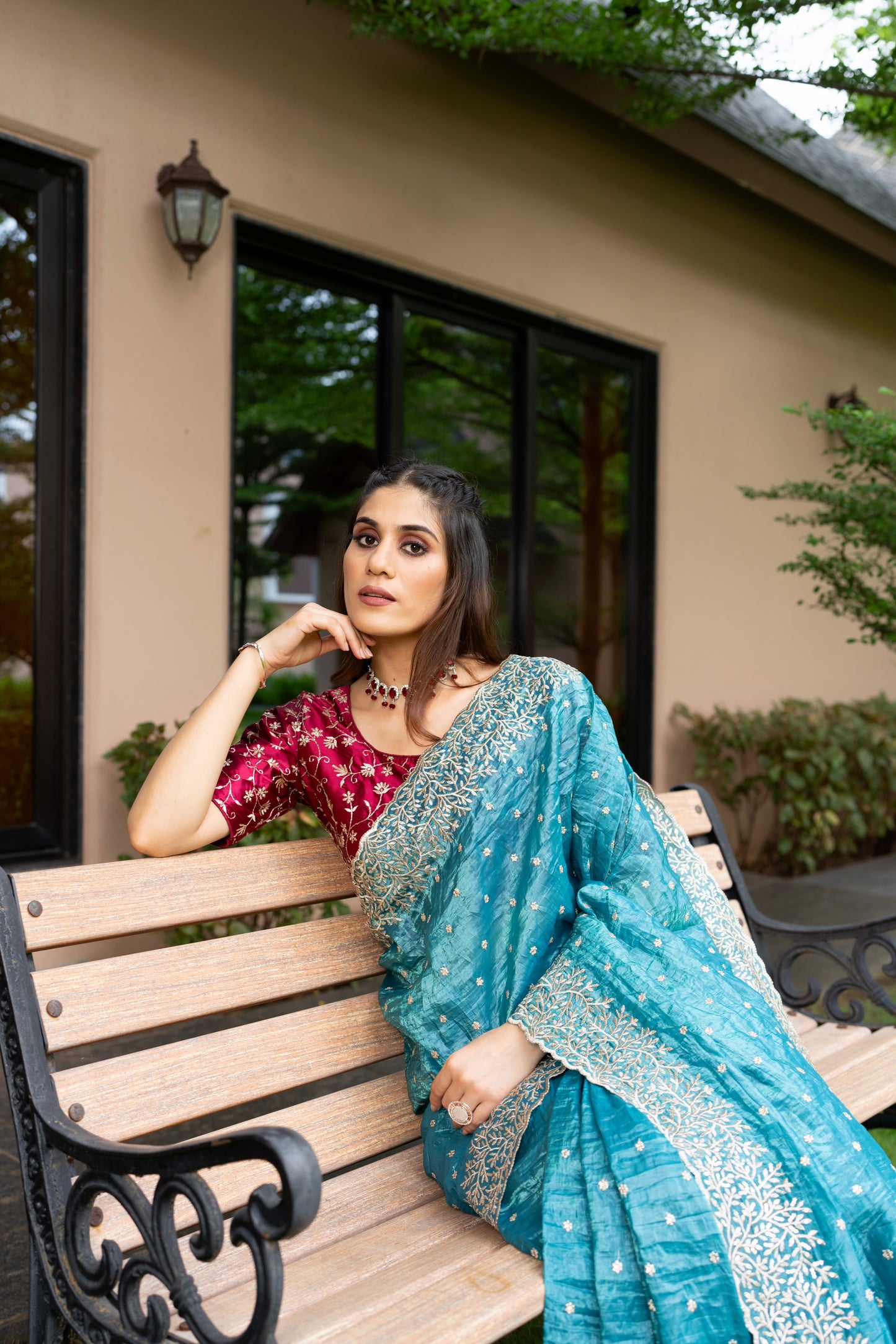 Cyan Blue Tissue Silk Saree with Grape Red Unstitched Blouse, Scallop Border, and Sequin Work front