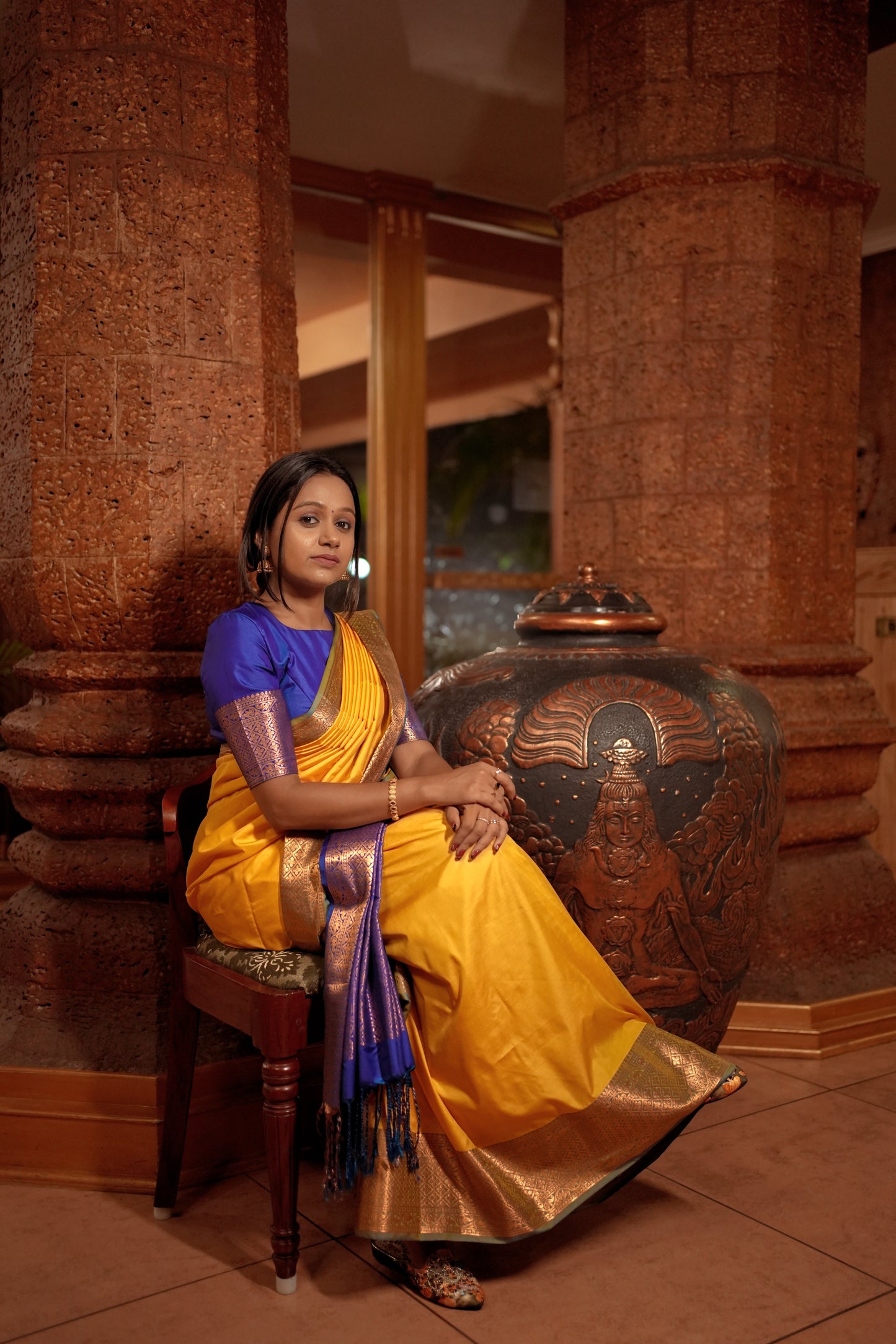 Mango Yellow Body & Royal Blue Pallu Contrast Soft Silk Saree front