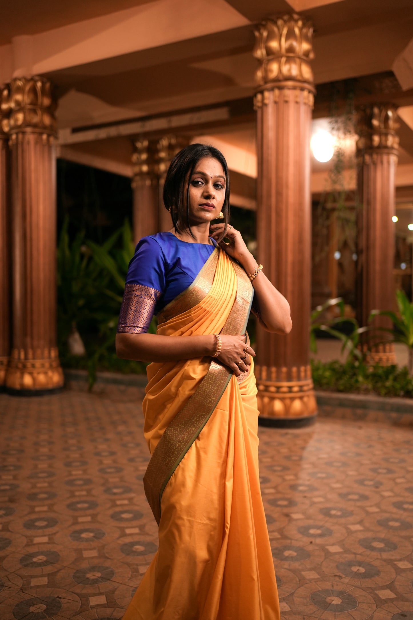 Mango Yellow Body & Royal Blue Pallu Contrast Soft Silk Saree side view