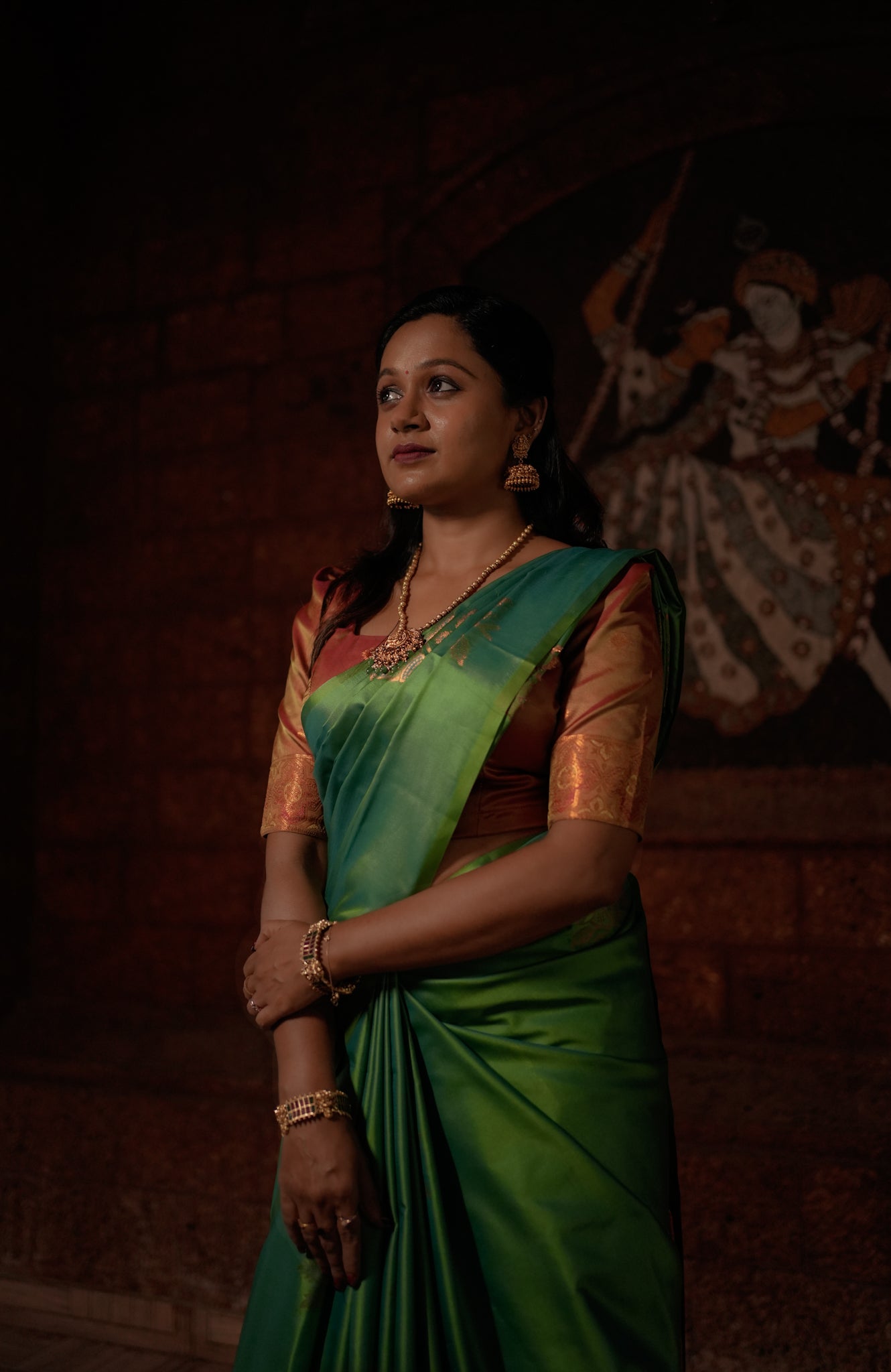 Parrot Green Semi Silk Saree with Orange Hue Blouse zoomed