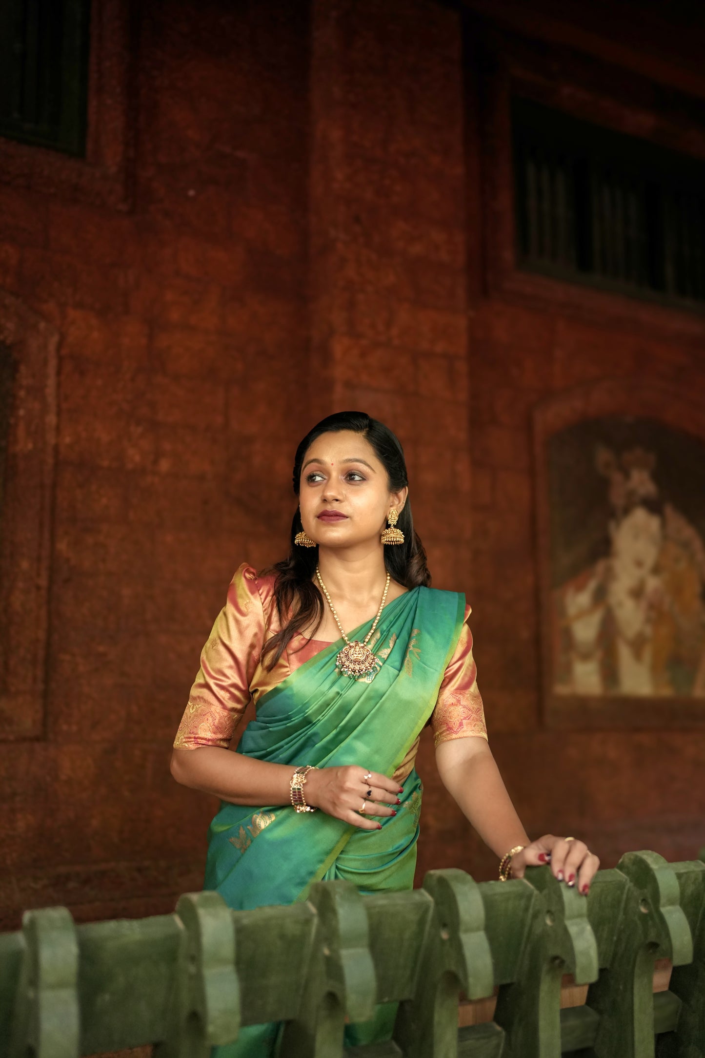 Parrot Green Semi Silk Saree with Orange Hue Blouse wide