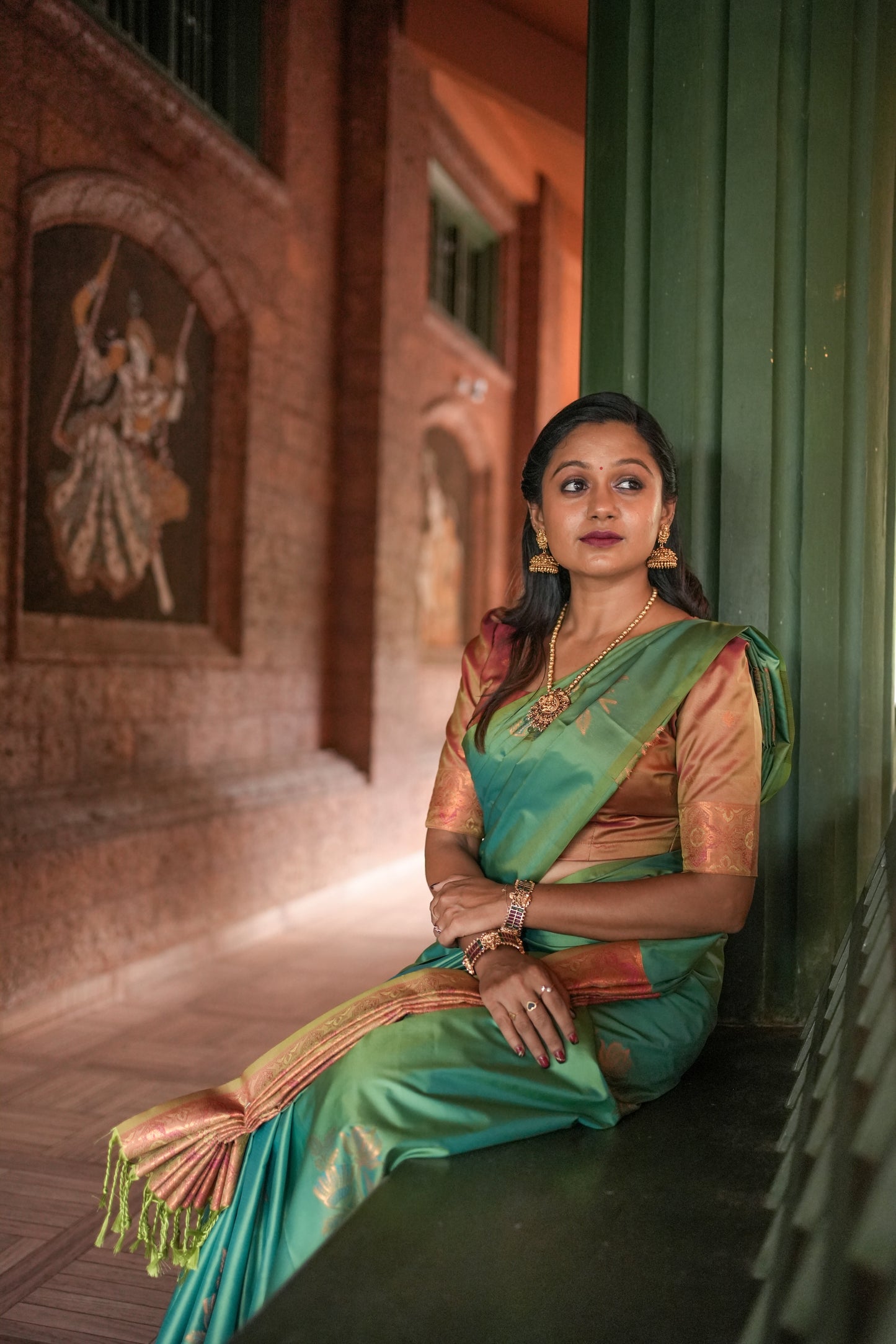 Parrot Green Semi Silk Saree with Orange Hue Blouse lest view