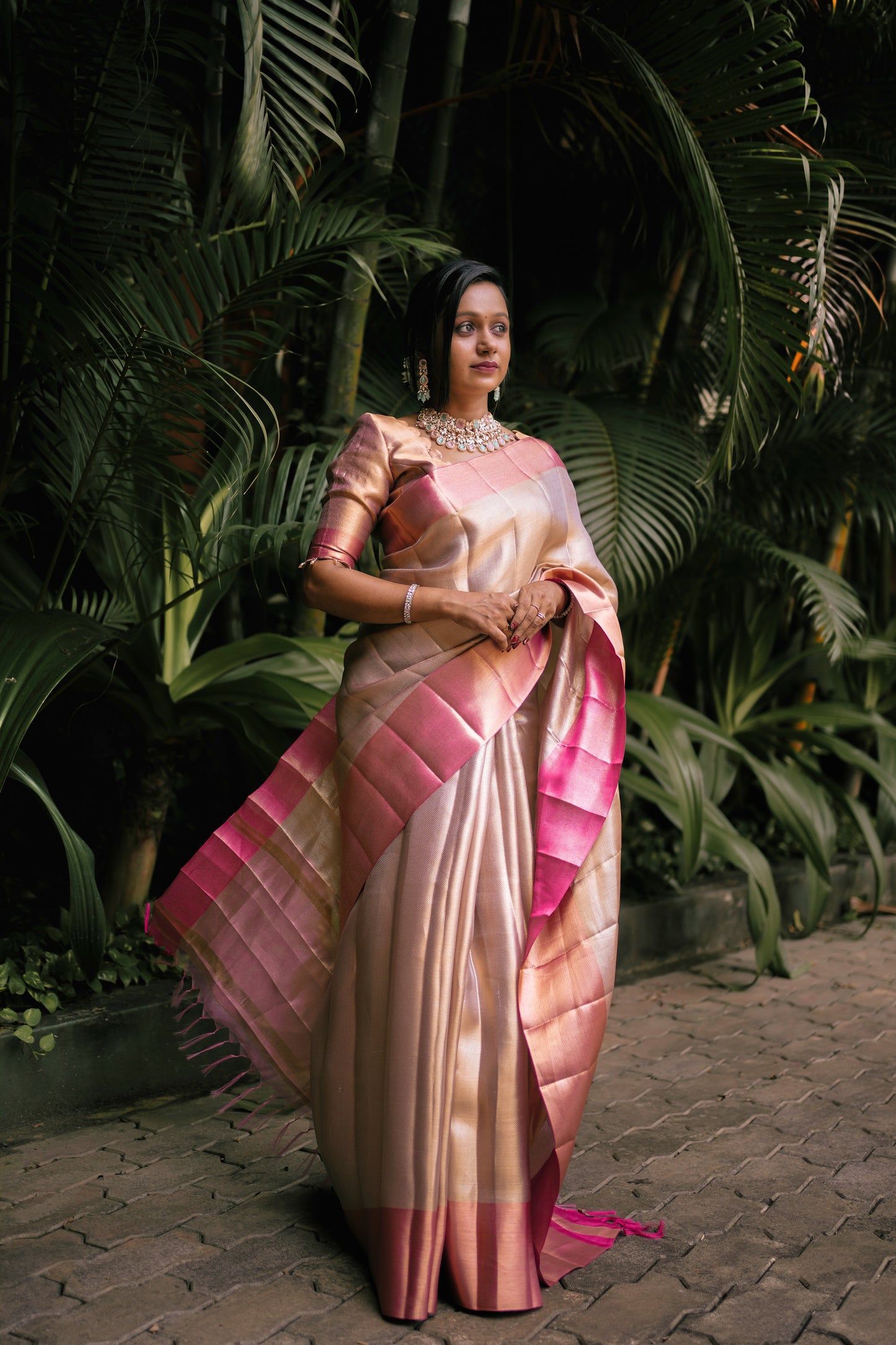 Peach Gold Soft Tissue Saree with Pink Gradient Border front view