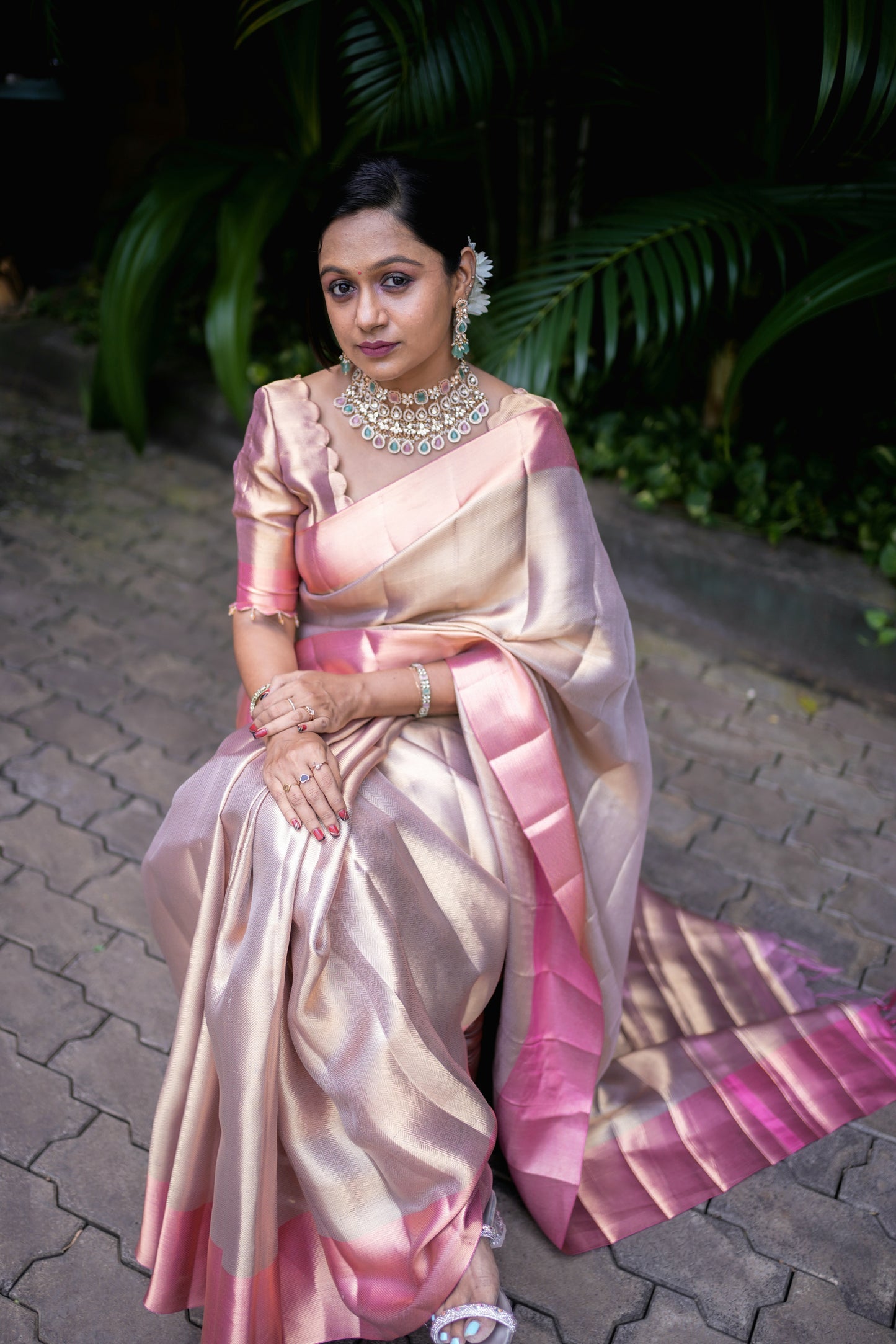 Peach Gold Soft Tissue Saree with Pink Gradient Border zoomed
