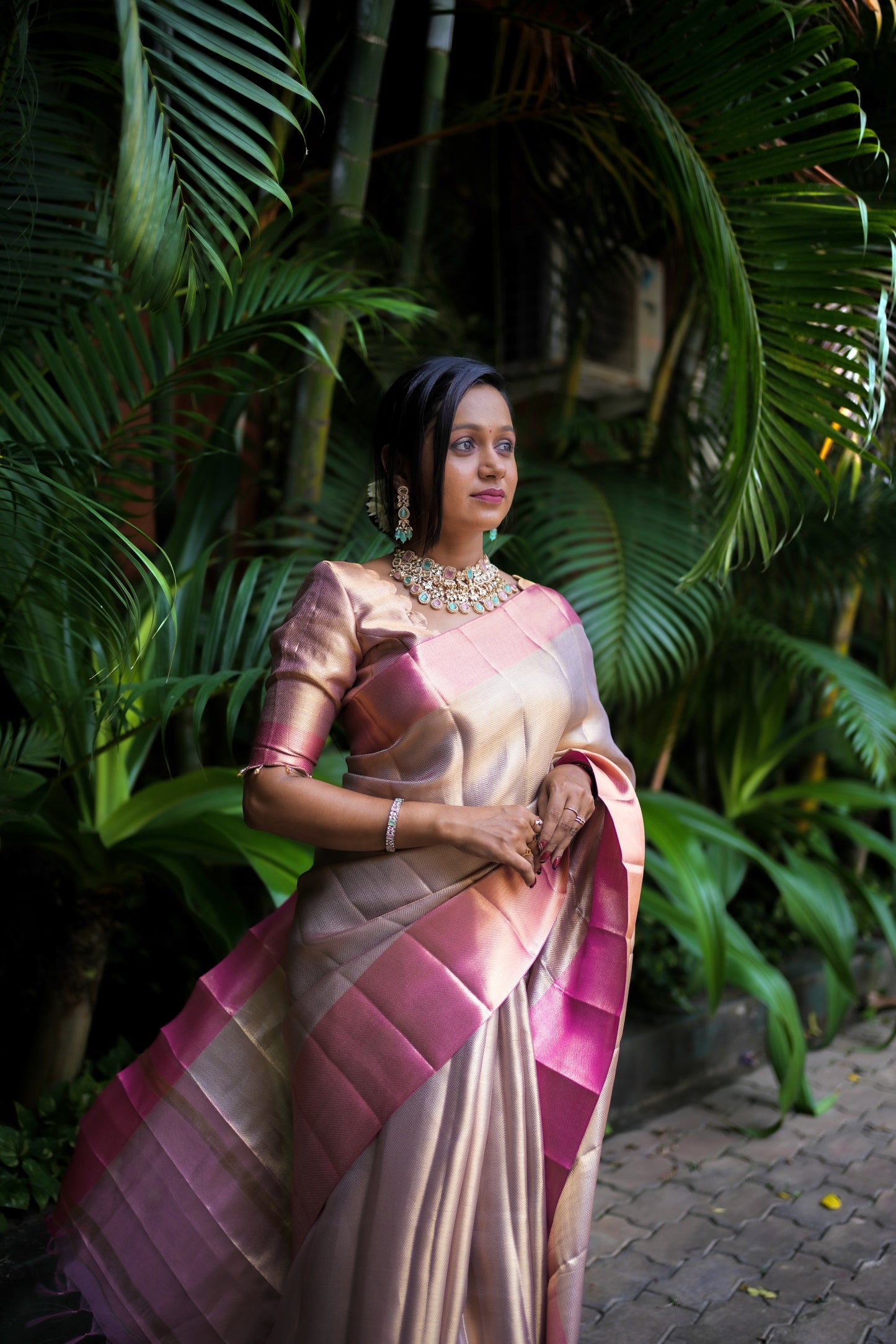 Peach Gold Soft Tissue Saree with Pink Gradient Border side view