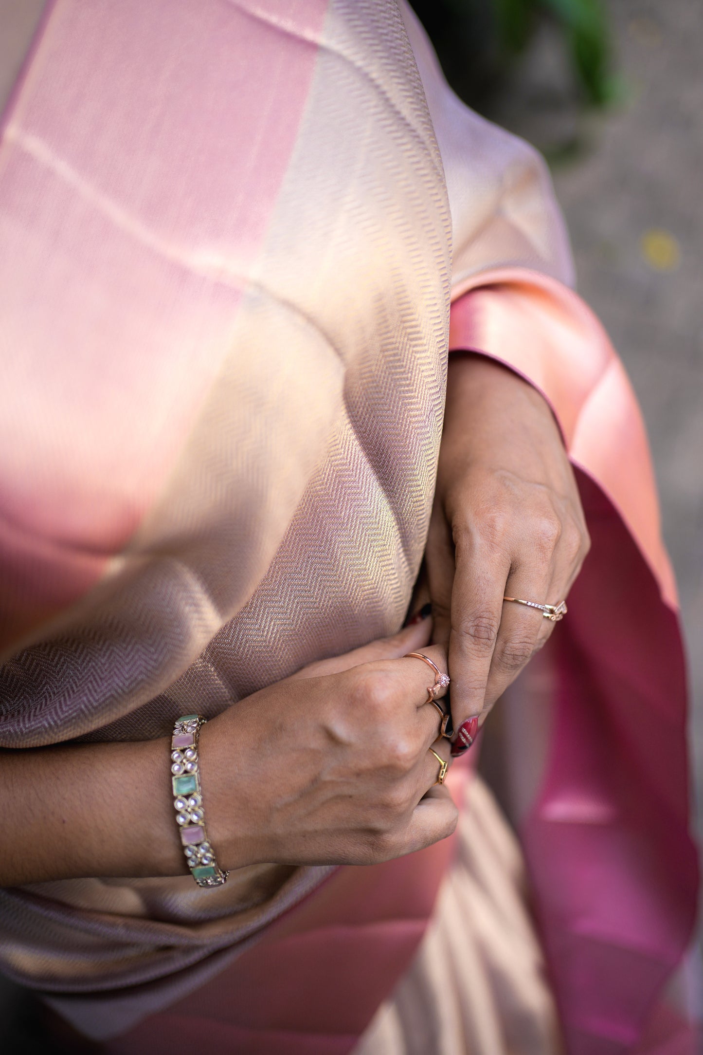 Peach Gold Soft Tissue Saree with Pink Gradient Border design