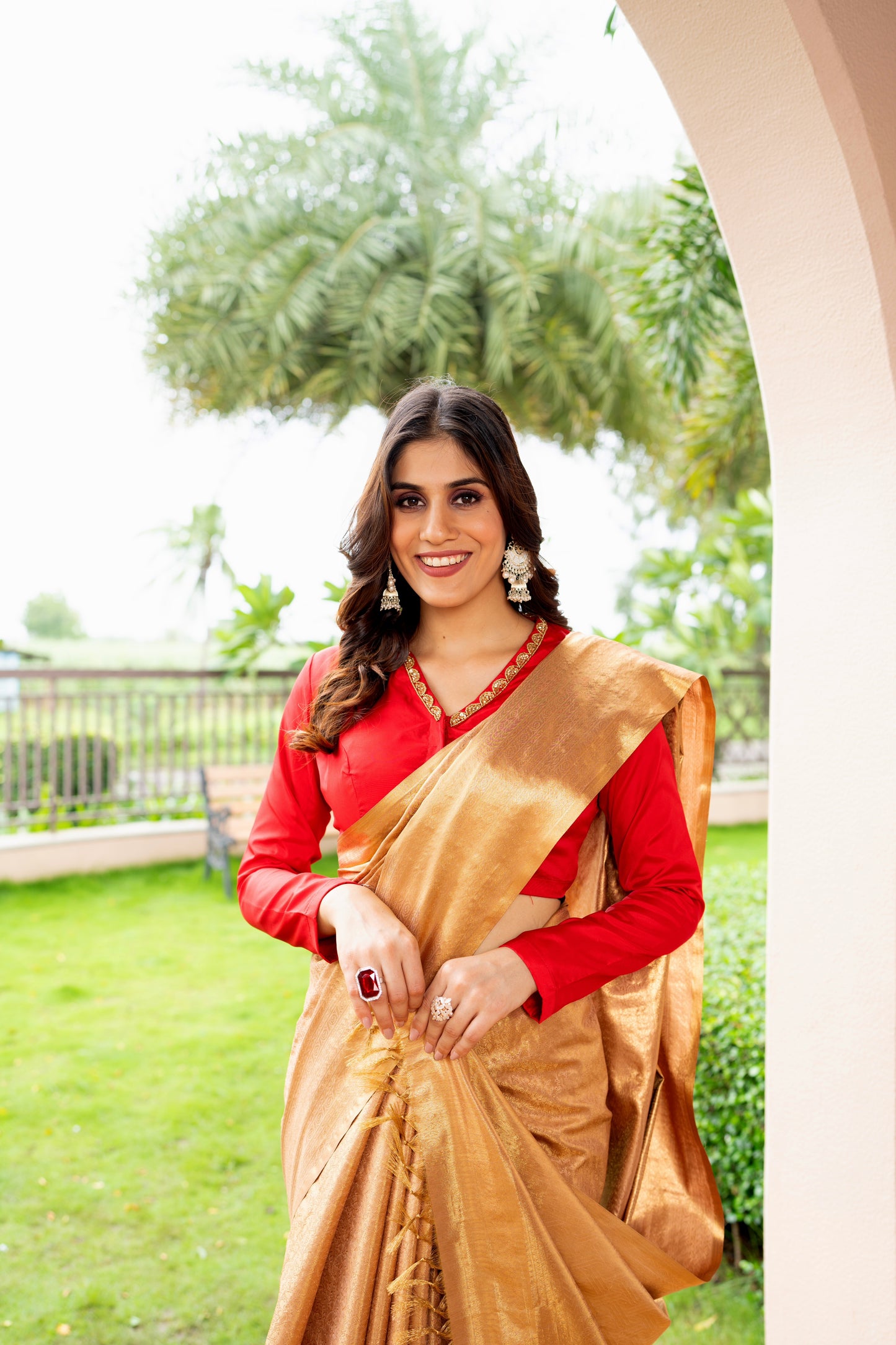 Pure Tissue Gold Color Saree with Red Blouse