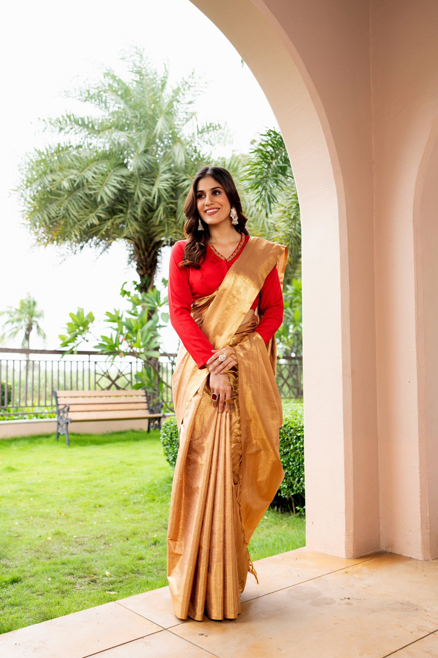 Pure Tissue Gold Color Saree with Red Blouse 2