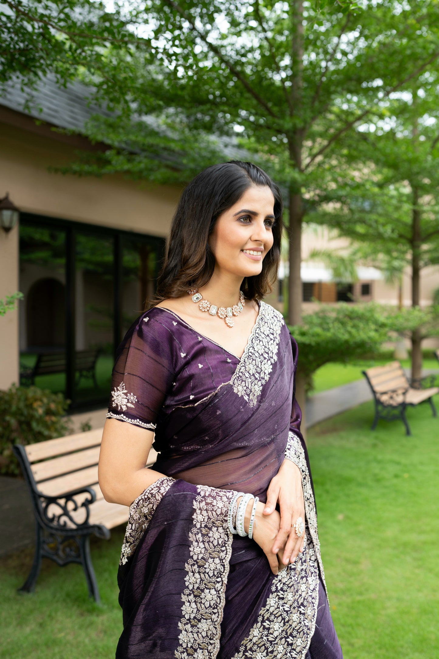 Purple Soft Organza Saree with Sequin Work, Scallop Border, and Unstitched Blouse