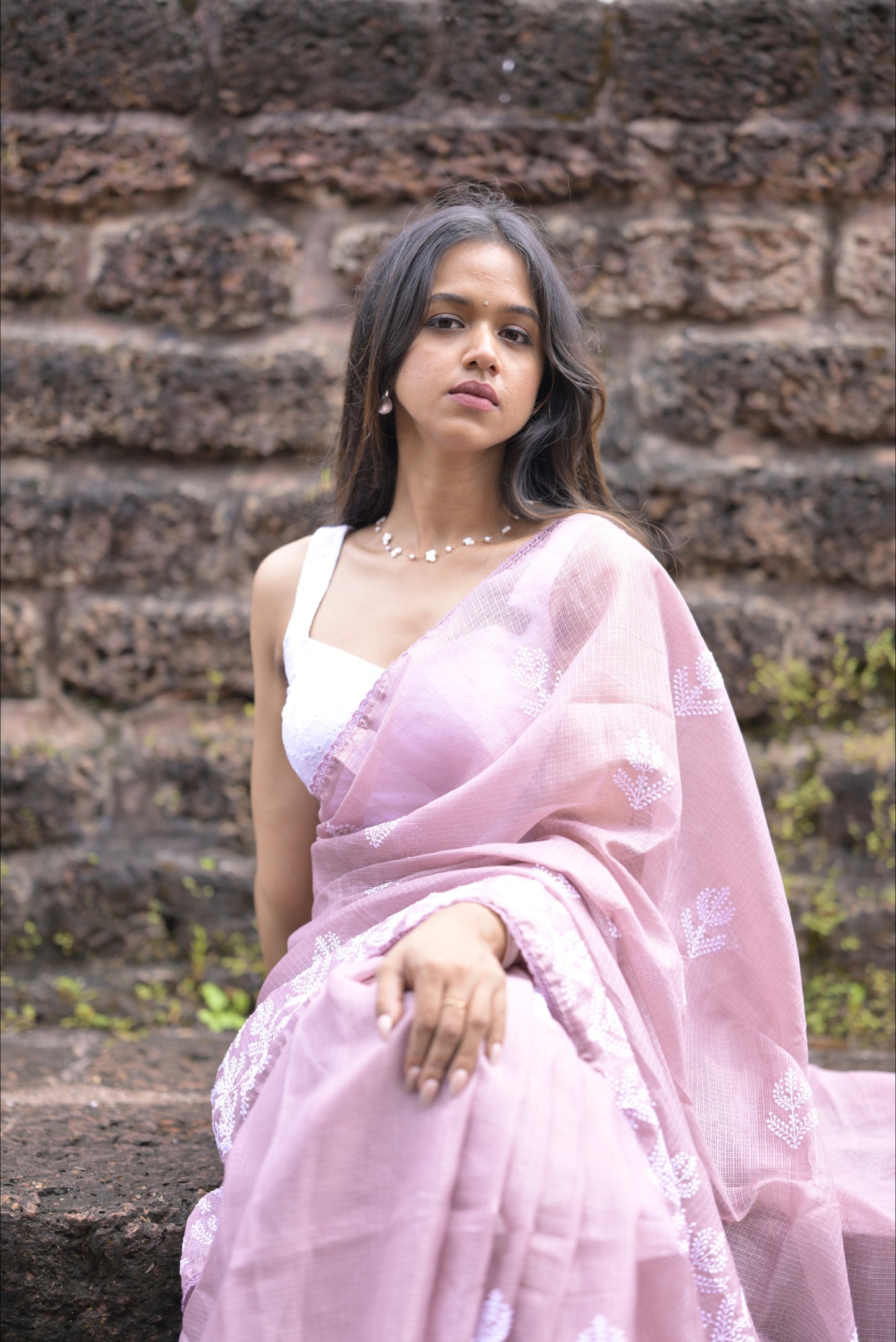 Pink Net Kota Saree with White Thread Embroidery Work