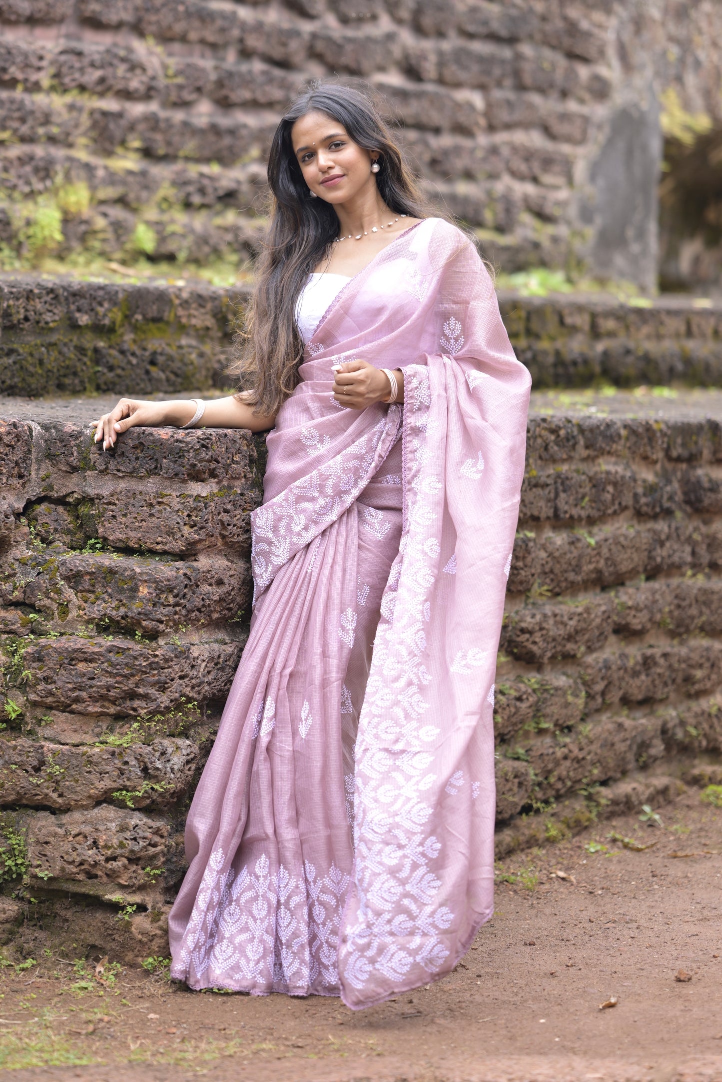 Pink Net Kota Saree with White Thread Embroidery Work