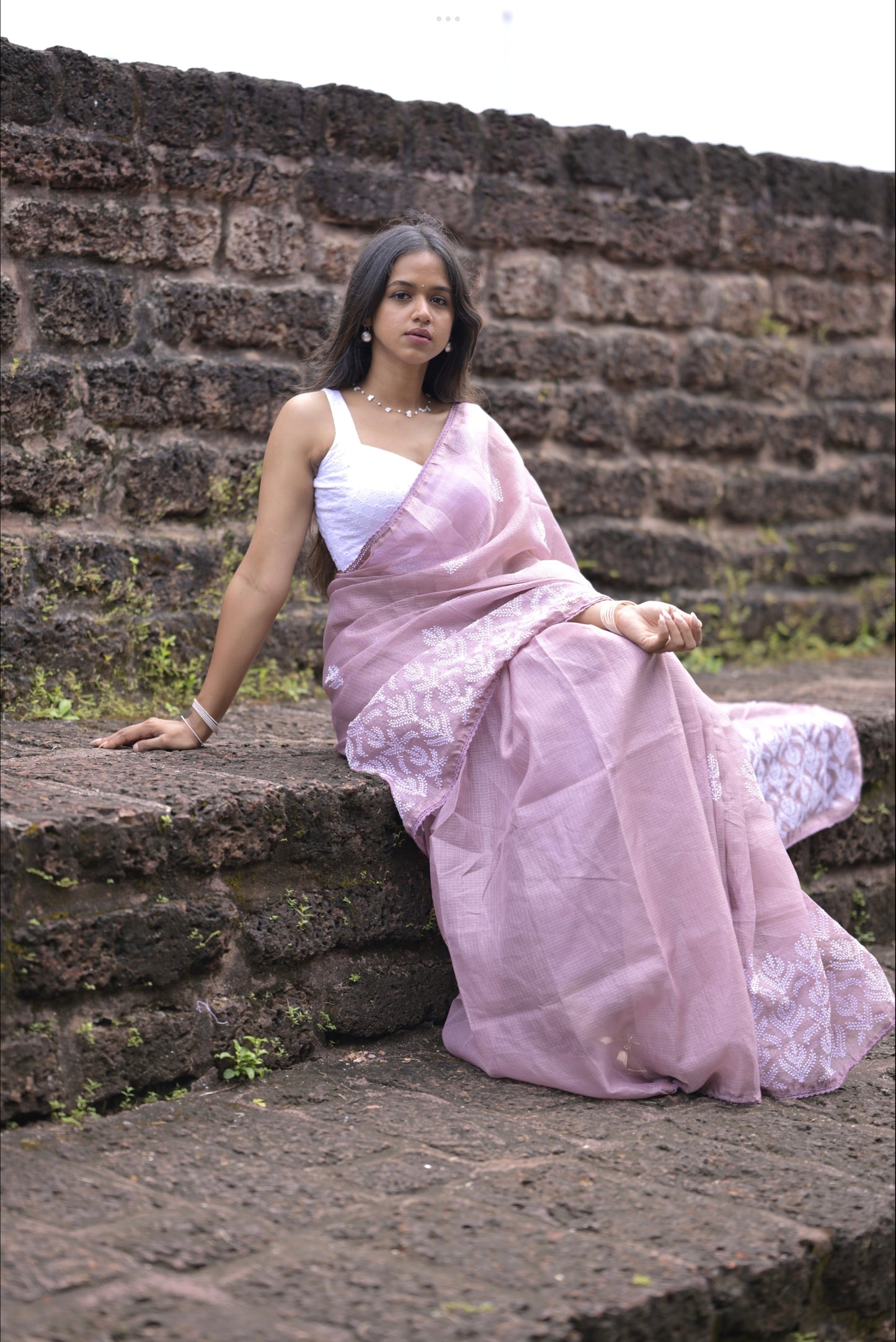 Pink Net Kota Saree with White Thread Embroidery Work