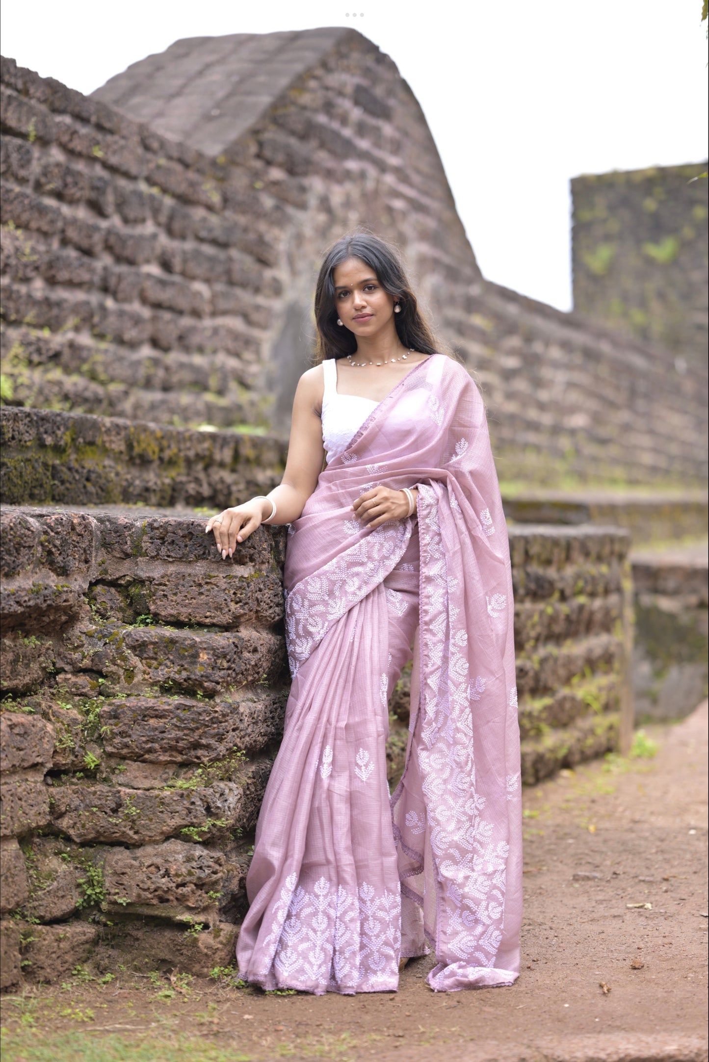 Pink Net Kota Saree with White Thread Embroidery Work