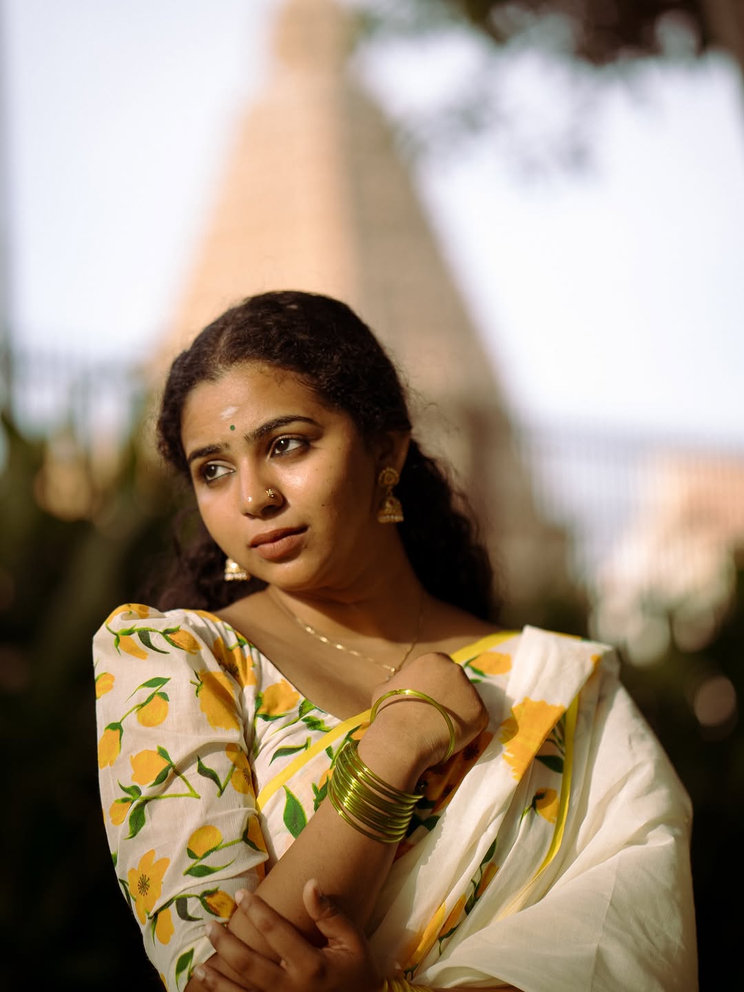 Off-White Floral Print Cotton Saree