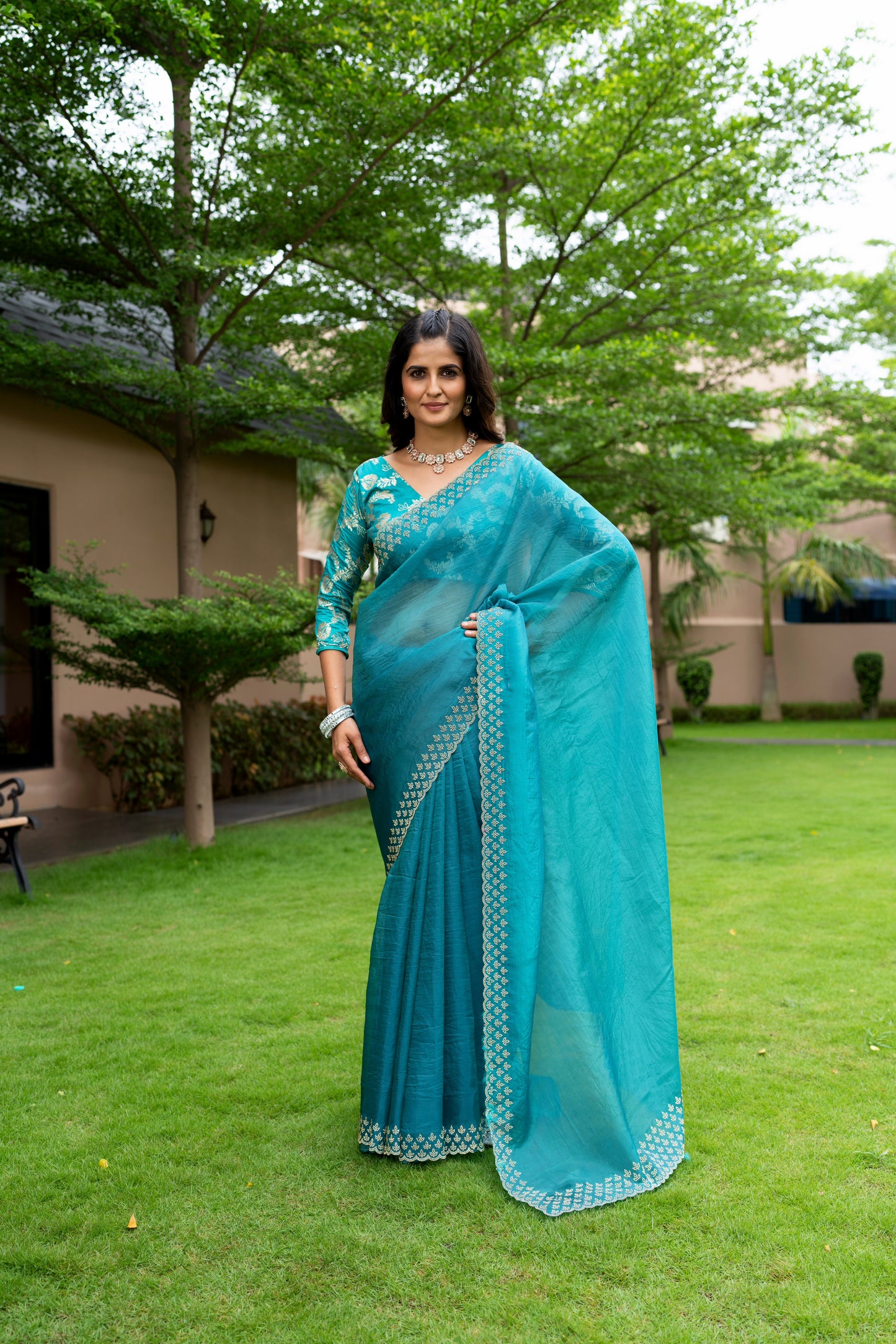 Soft Organza Saree with Banarasi Blouse in Cyan Blue