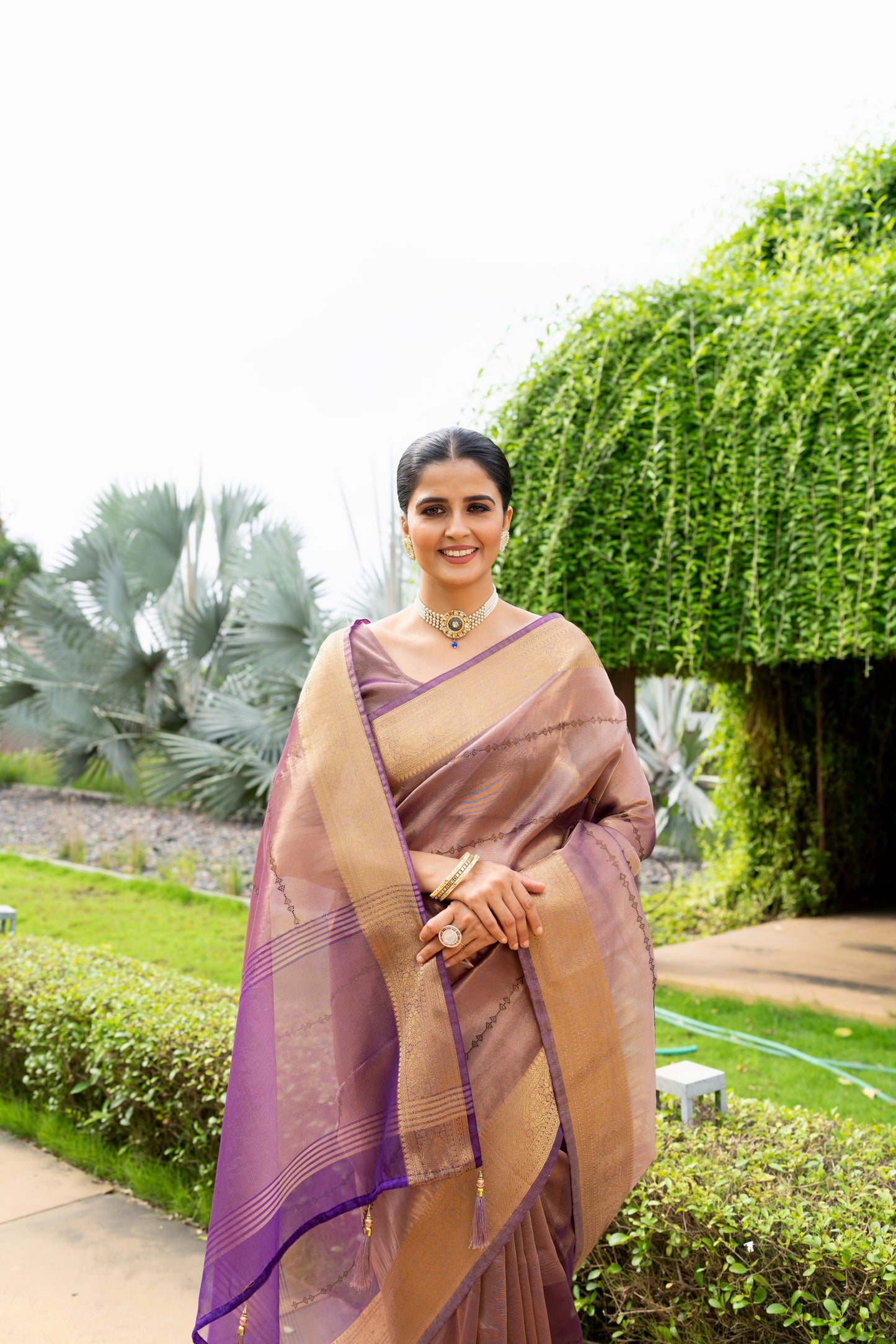 Soft Organza Saree with Banarasi Blouse in Purple and Gold