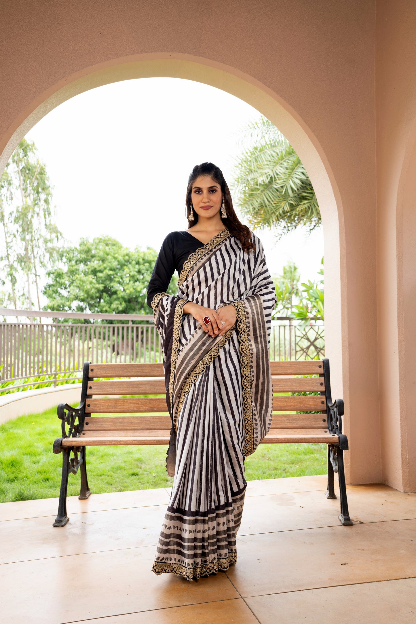 Striped Tussar Saree with Gold Border