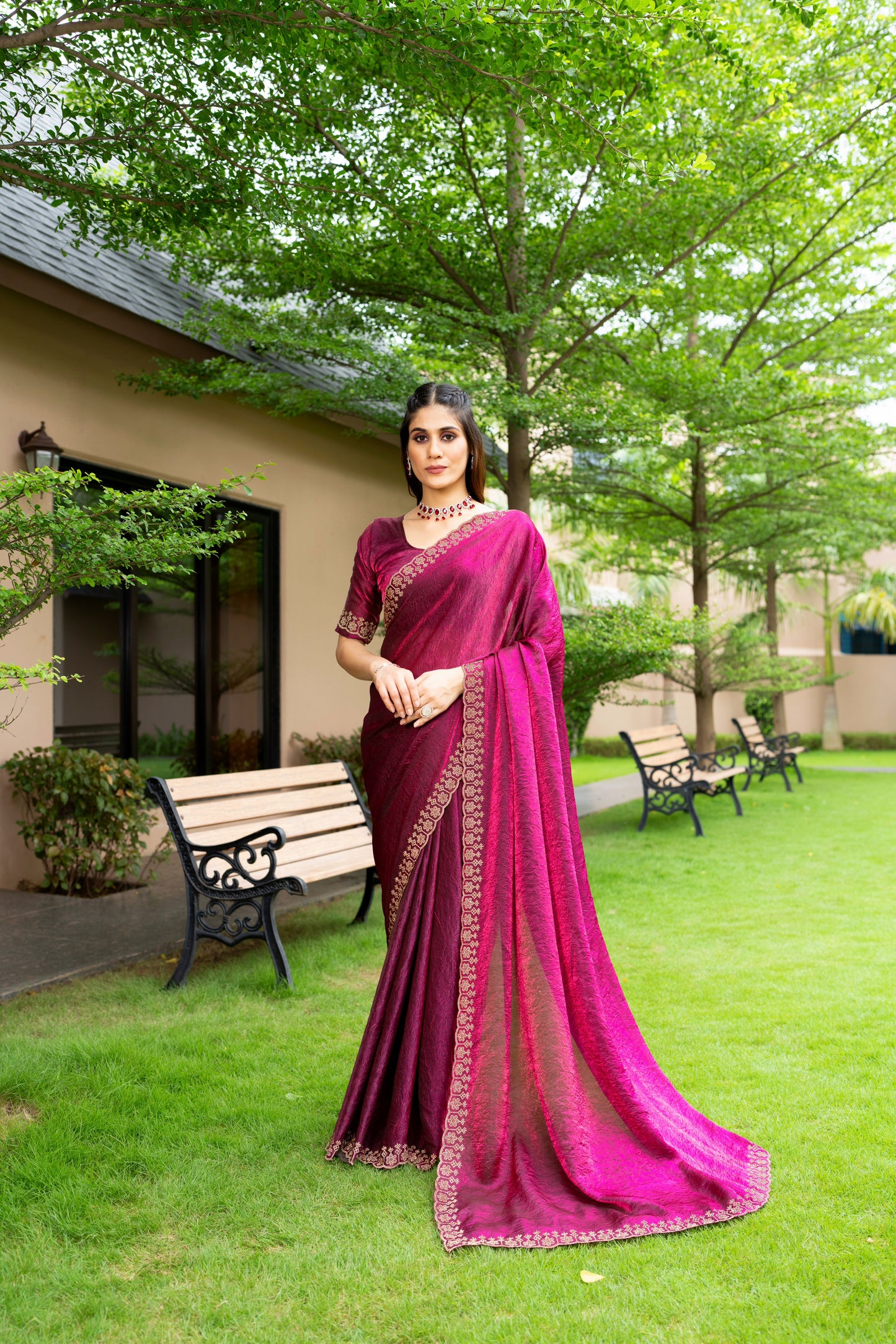 Tissue Embroidered Saree with Unstitched Blouse in Grape Red