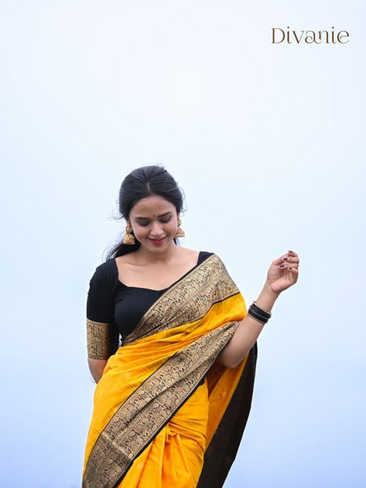 Yellow Silk Saree with Black Zari Border
