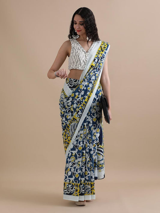 Blue & Yellow Kalamkari Style Saree
