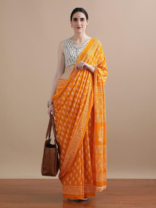 Bright Orange Traditional Block Print Saree