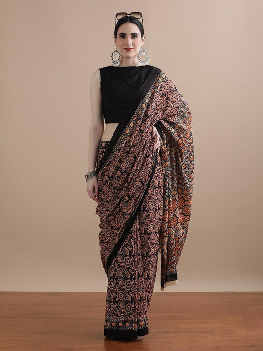 Traditional Ajrakh printed cotton saree