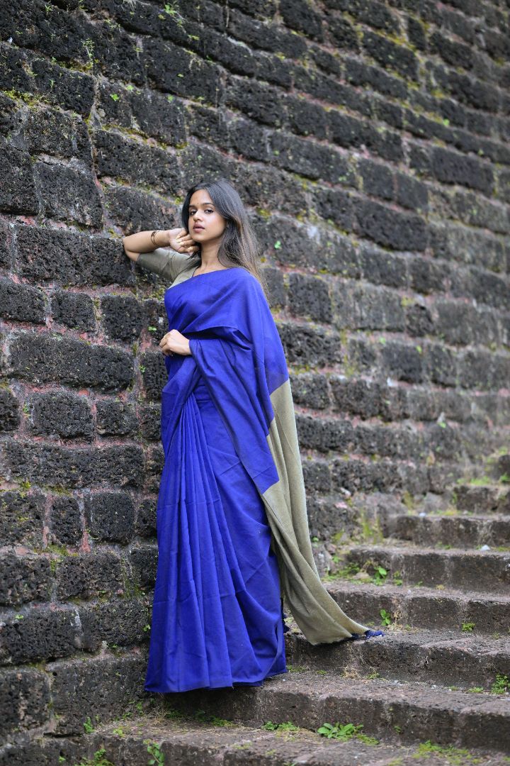 Hand-Woven Gandhi Cotton Saree in Indigo Blue