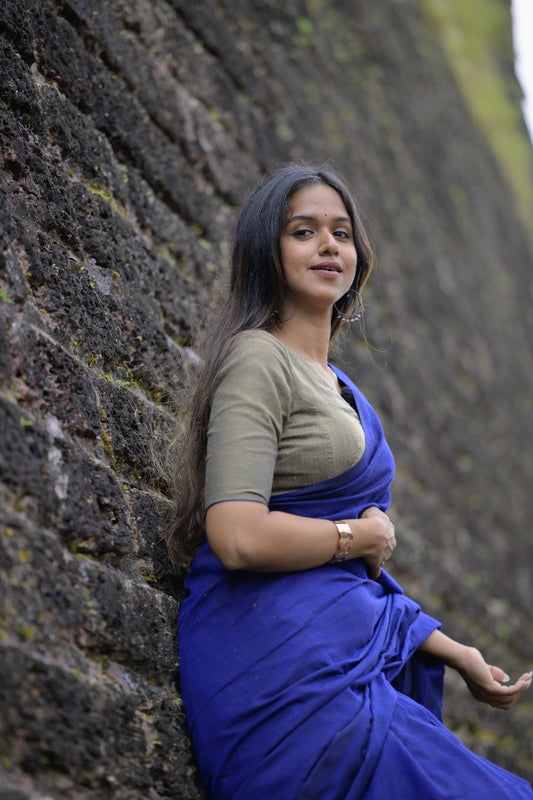 Hand-Woven Gandhi Cotton Saree in Indigo Blue