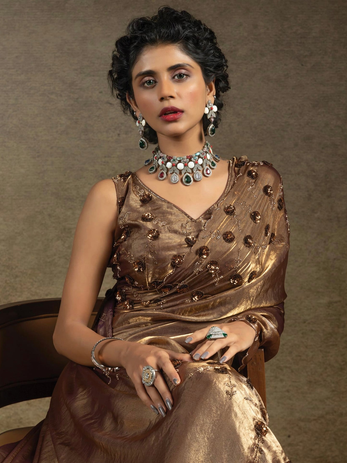 Bronze Satin Fendi Saree with Embroidered Sequence Work