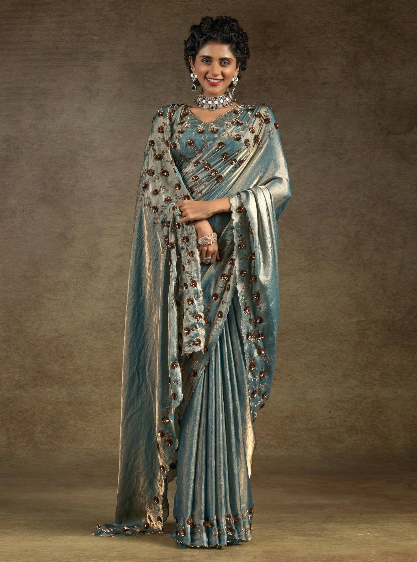 Cyan with Golden Hues Embroidered Sequin Satin Fendi