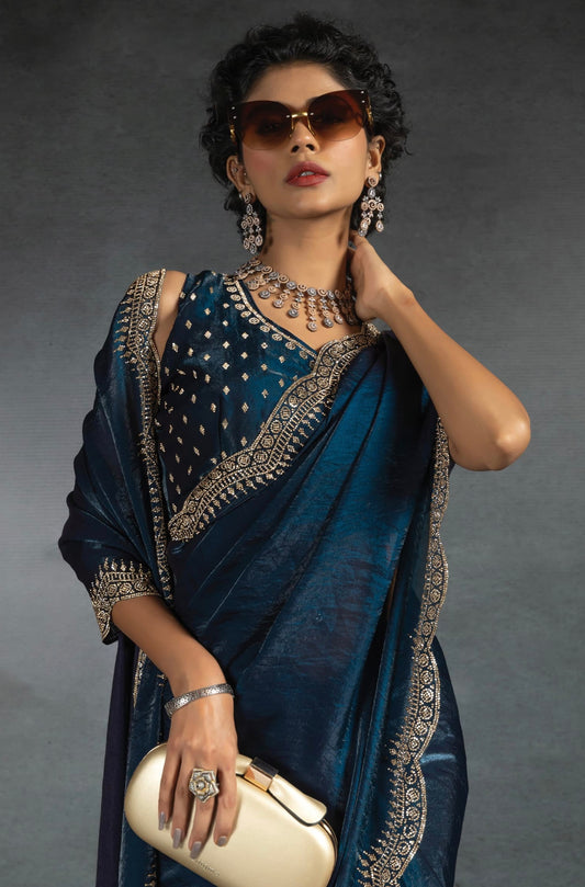 Midnight Blue Satin Fendi Saree with Stone Handwork