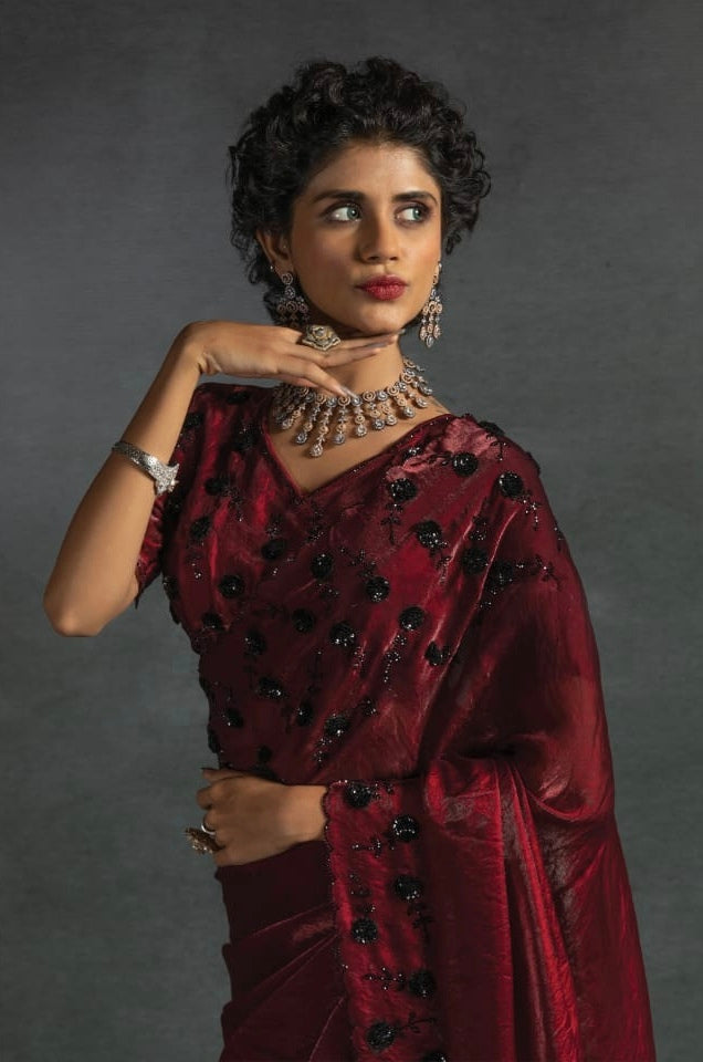 Maroon Satin Fendi Saree with Sequence Work Borders