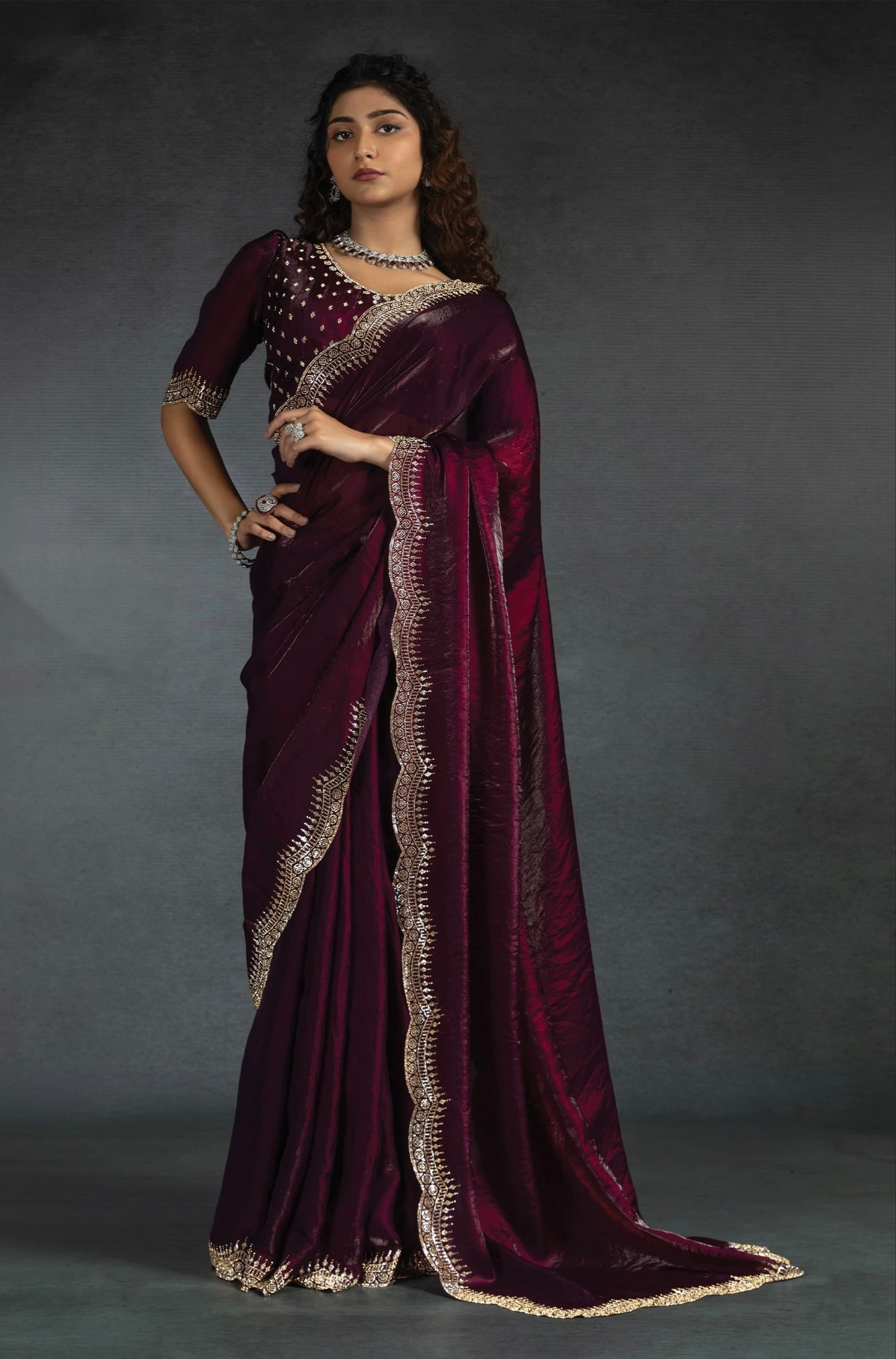 Wine Satin Fendi Saree with Stone Handwork