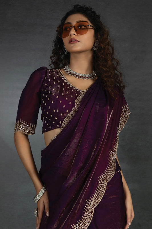 Wine Satin Fendi Saree with Stone Handwork