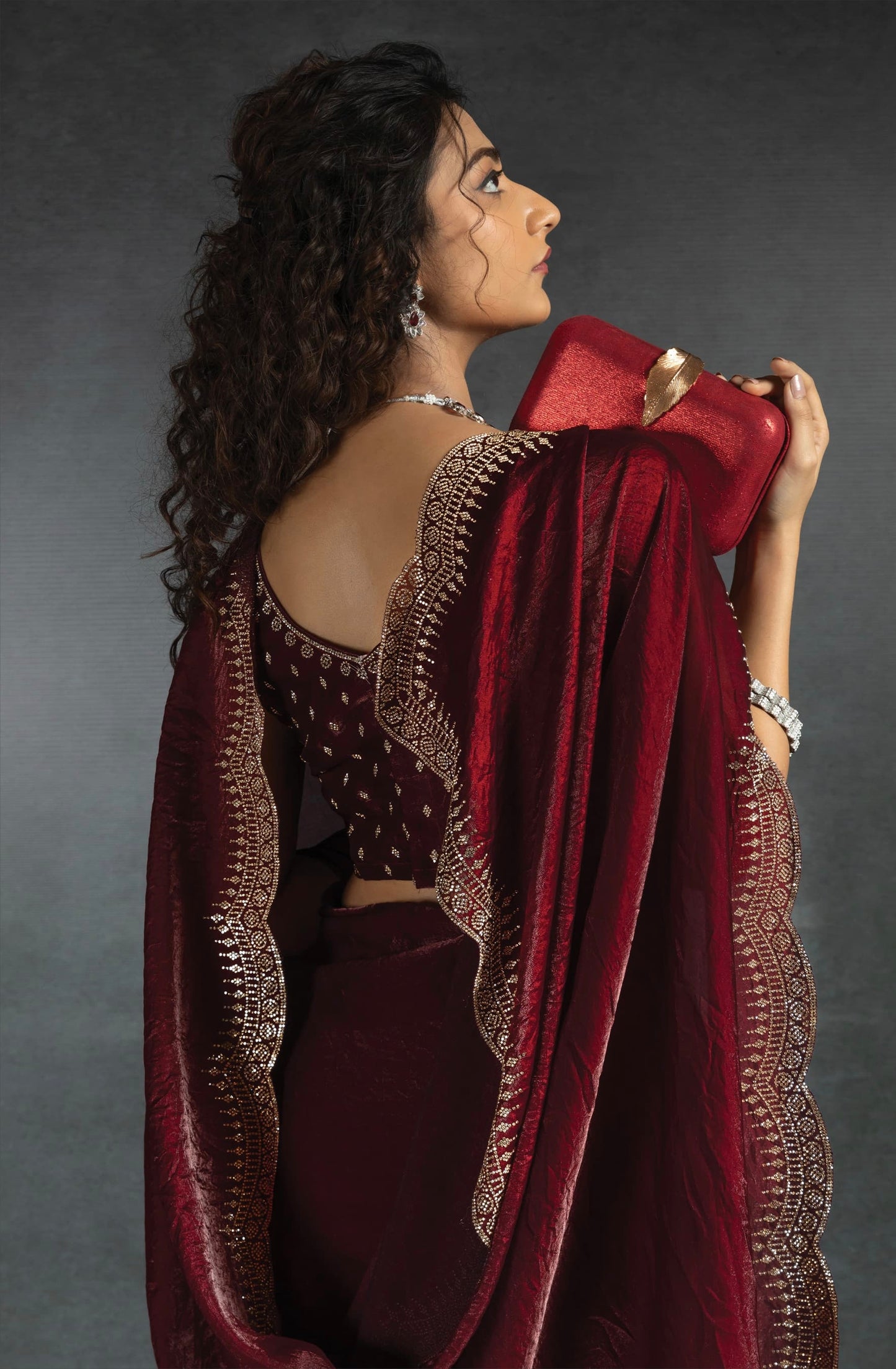 Crimson Satin Fendi Saree with Stone Handwork