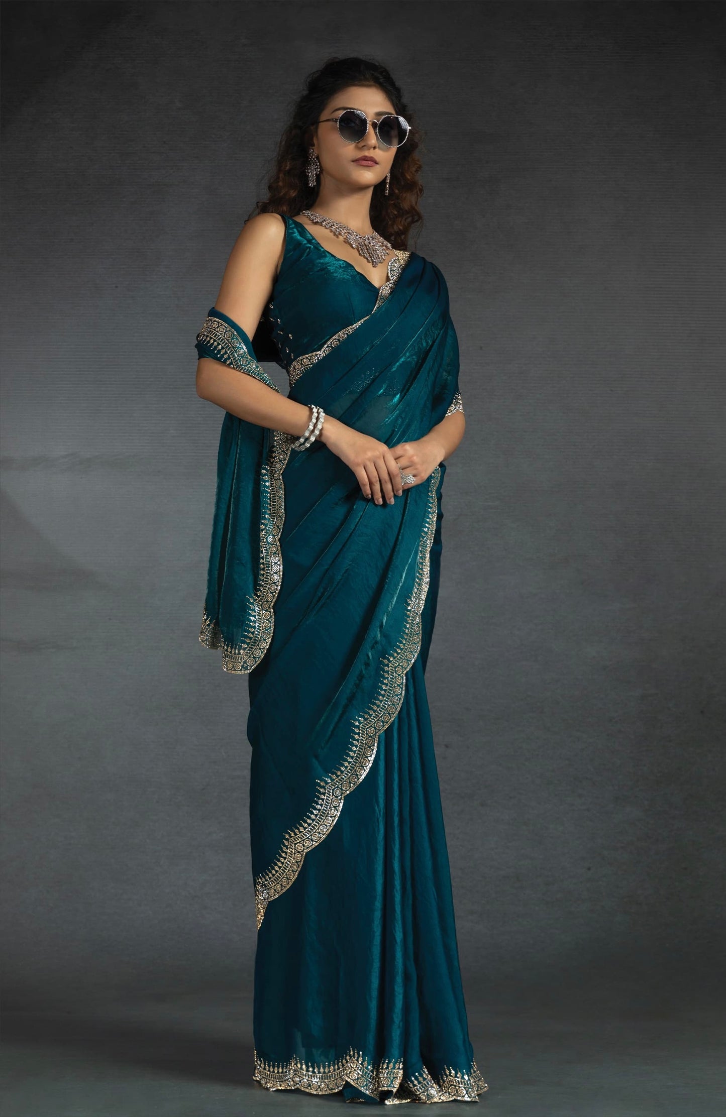 Deep Teal Satin Fendi Saree with Stone Handwork