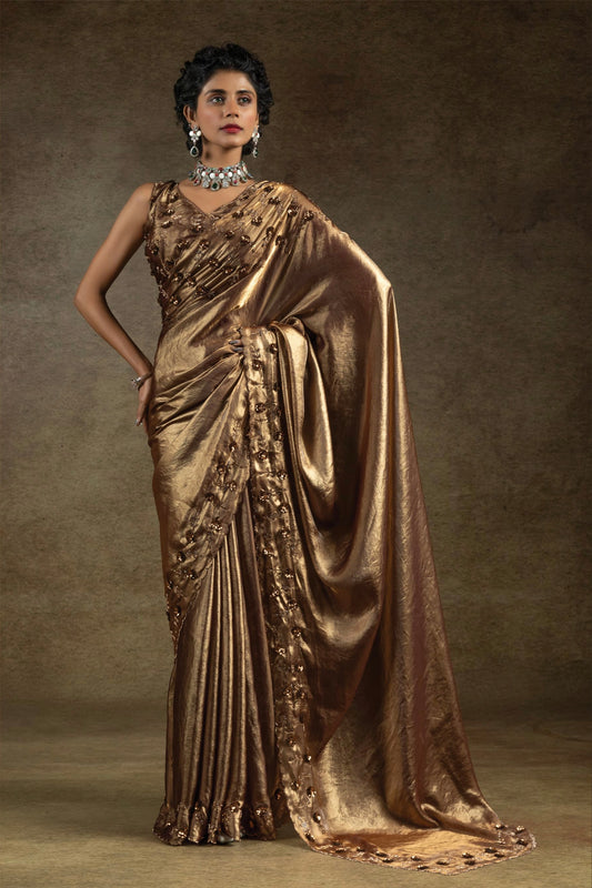 Bronze Satin Fendi Saree with Embroidered Sequence Work